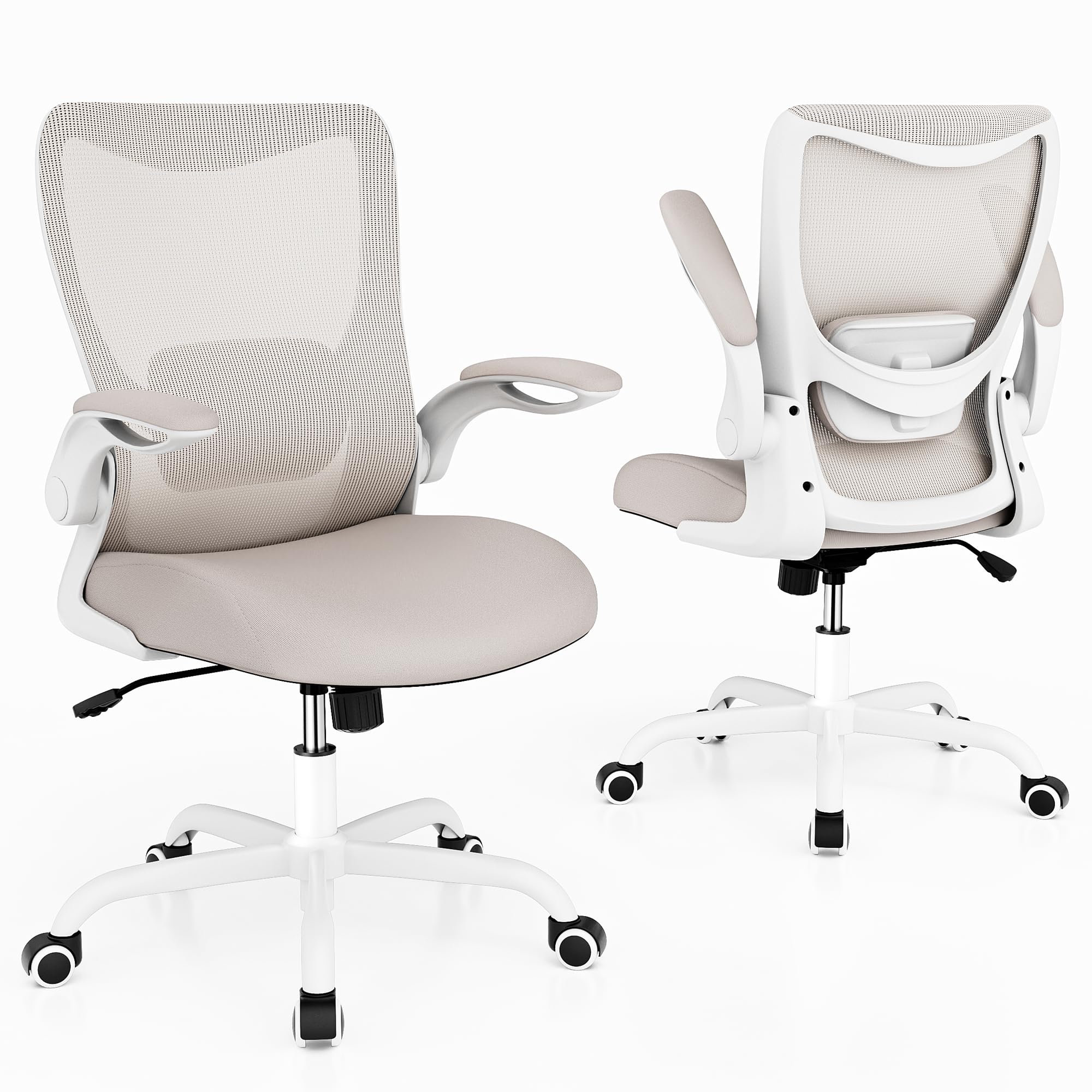 Office Chair, Ergonomic Desk Chair with Adjustable Lumbar Support and Flip up Armrest, Breathable Mesh Computer Chair for Home Office, Khaki