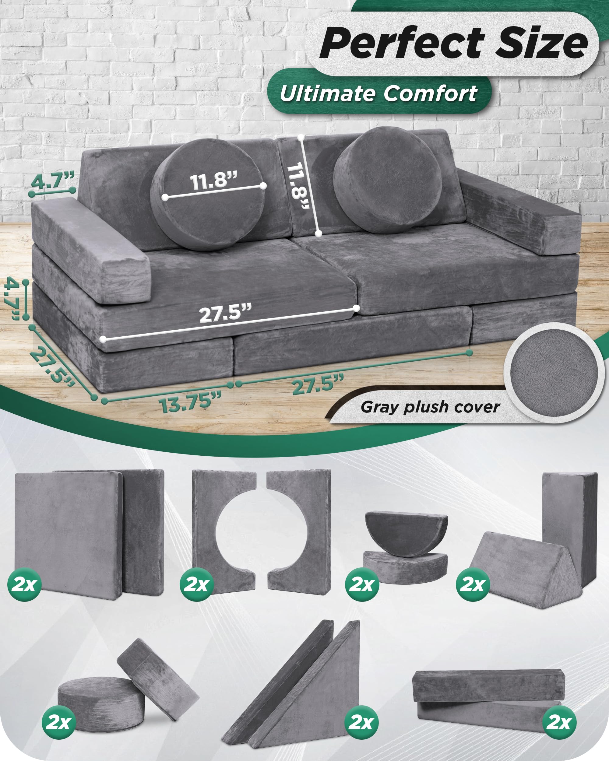 LX15 Modular Kids Play Couch, 14pcs Convertible Foam Sectional Sofa for Toddlers, Fortplay Furniture for Bedroom & Playroom, Steel Gray