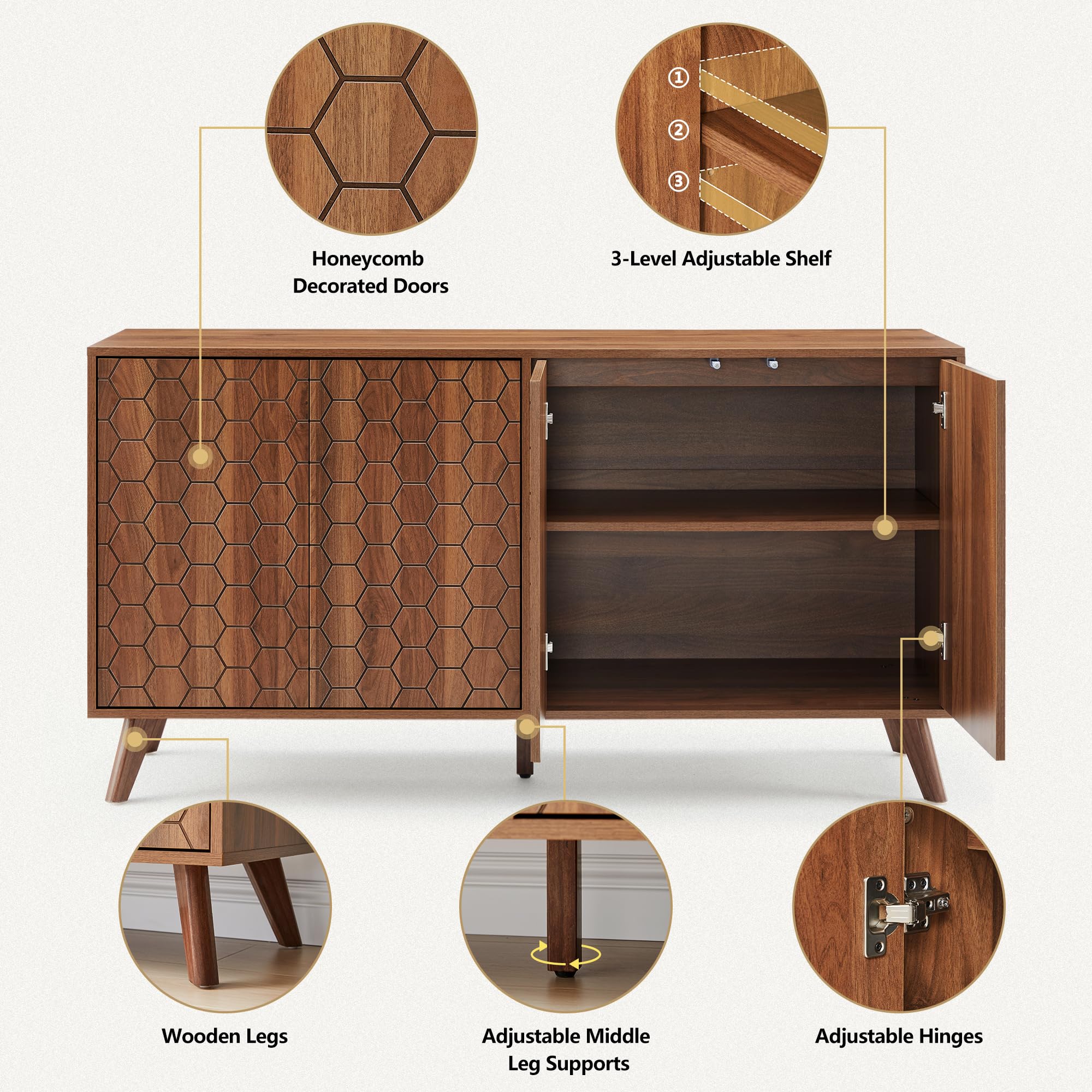 58'' Large Sideboard Buffet Cabinet with Storage, Mid Century Modern Storage Cabinet with 4 Doors & Shelves, Wooden Credenza Coffee Bar TV