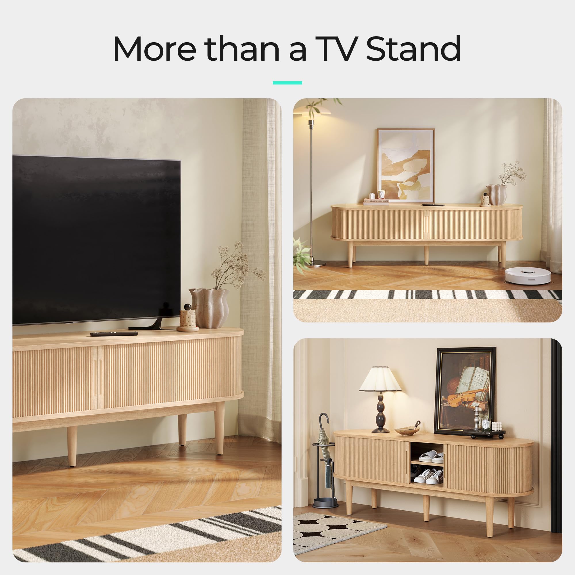 Fluted TV Stand for 75" TV, Mid-Century Modern 70" Entertainment Center with Sliding Tambour Door & Storage Cabinet, Curved Media Console, Oak