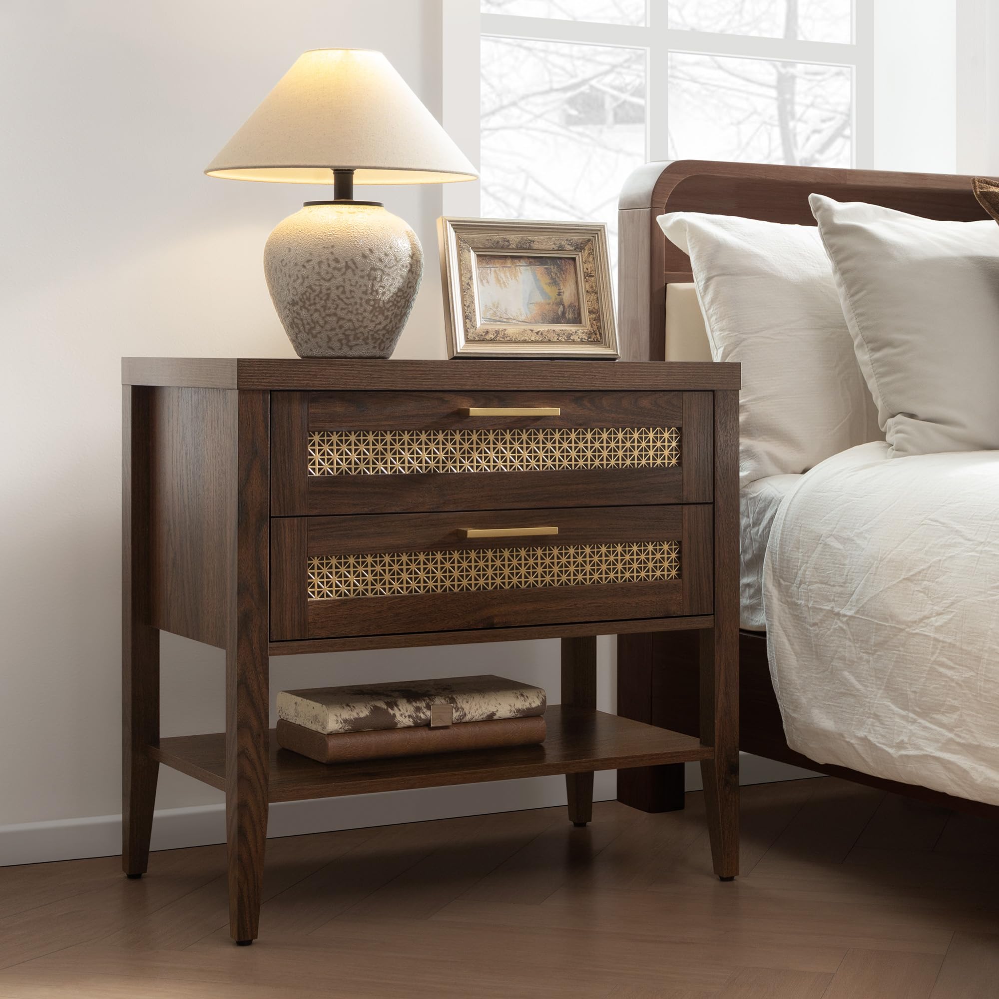 Large Night Stand Set 2, Nightstands Sets of 2 with Drawers and Shelf, Rustic Bedside Table for Bedroom, Mid Century Modern Nightstand