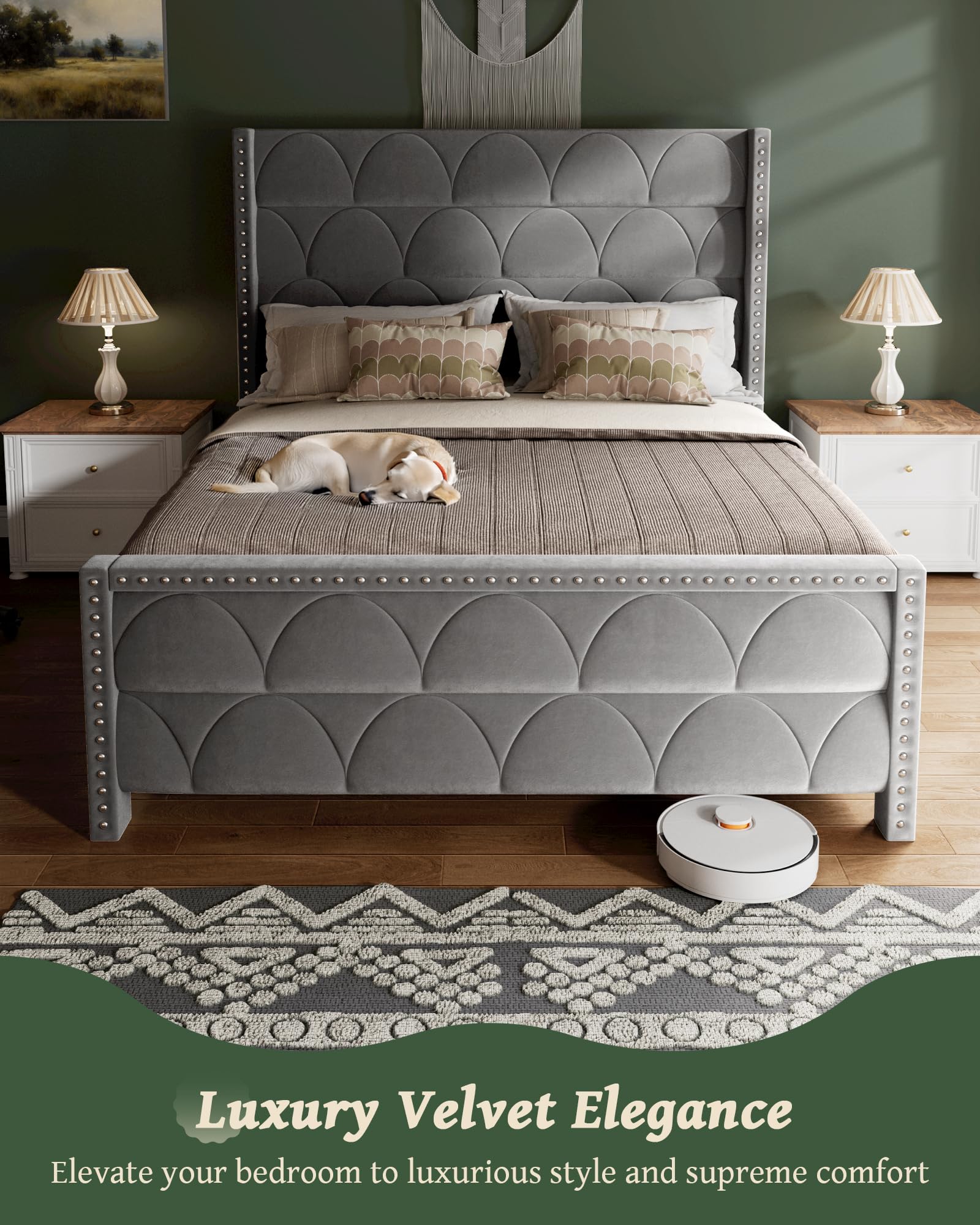 Queen Size Bed Frame with 56" Headboard - 1000LBS Capacity Support, Velvet Upholstered Wingback , Noise Free, Sturdy Wooden Slat Support