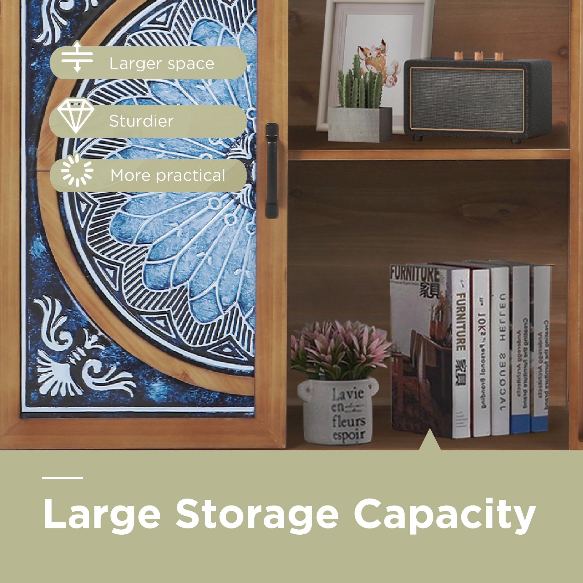 2-Door Accent Cabinet, Distressed Storage Cabinet with Blue and White Porcelain Pattern for Entryway Living Room