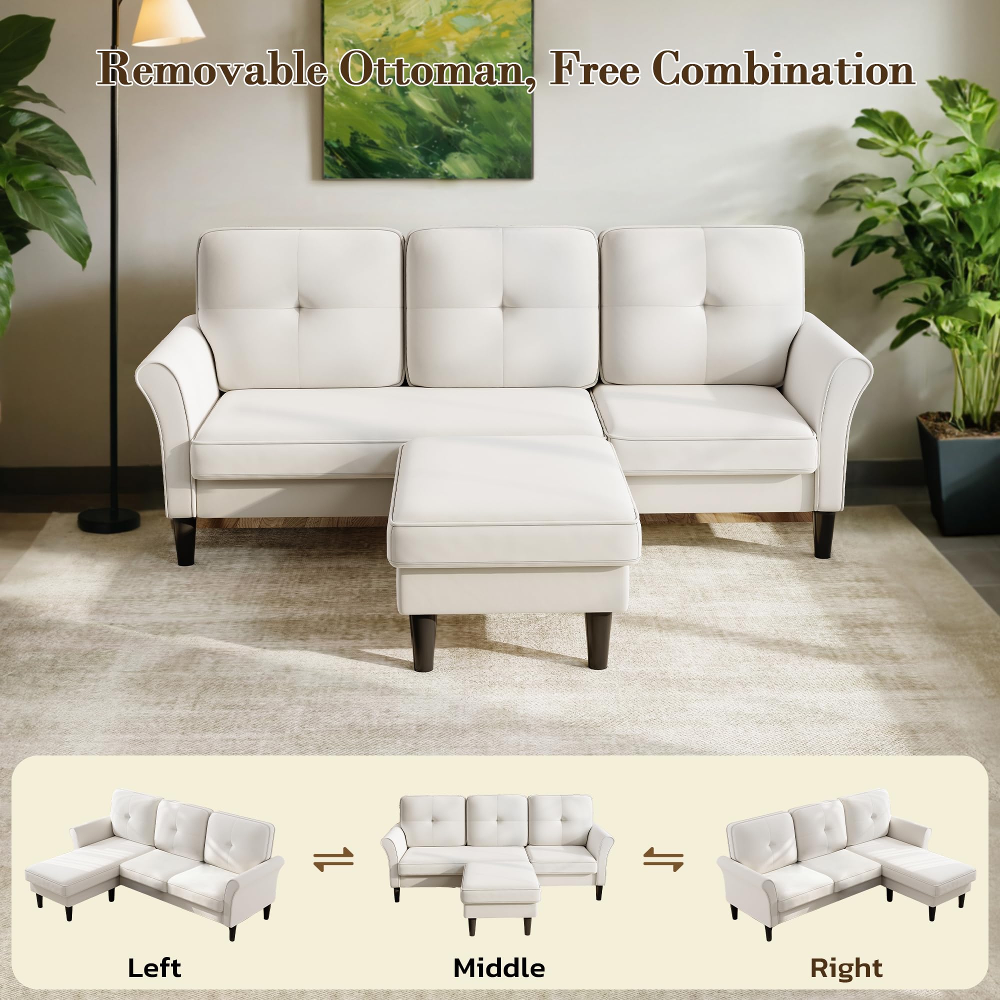 83" Velvet Sectional Couch, Modern 3-Seater L-Shaped Sofa with Ottoman, Small Sofa for Living Room, Bedroom, Apartment, Office, Beige