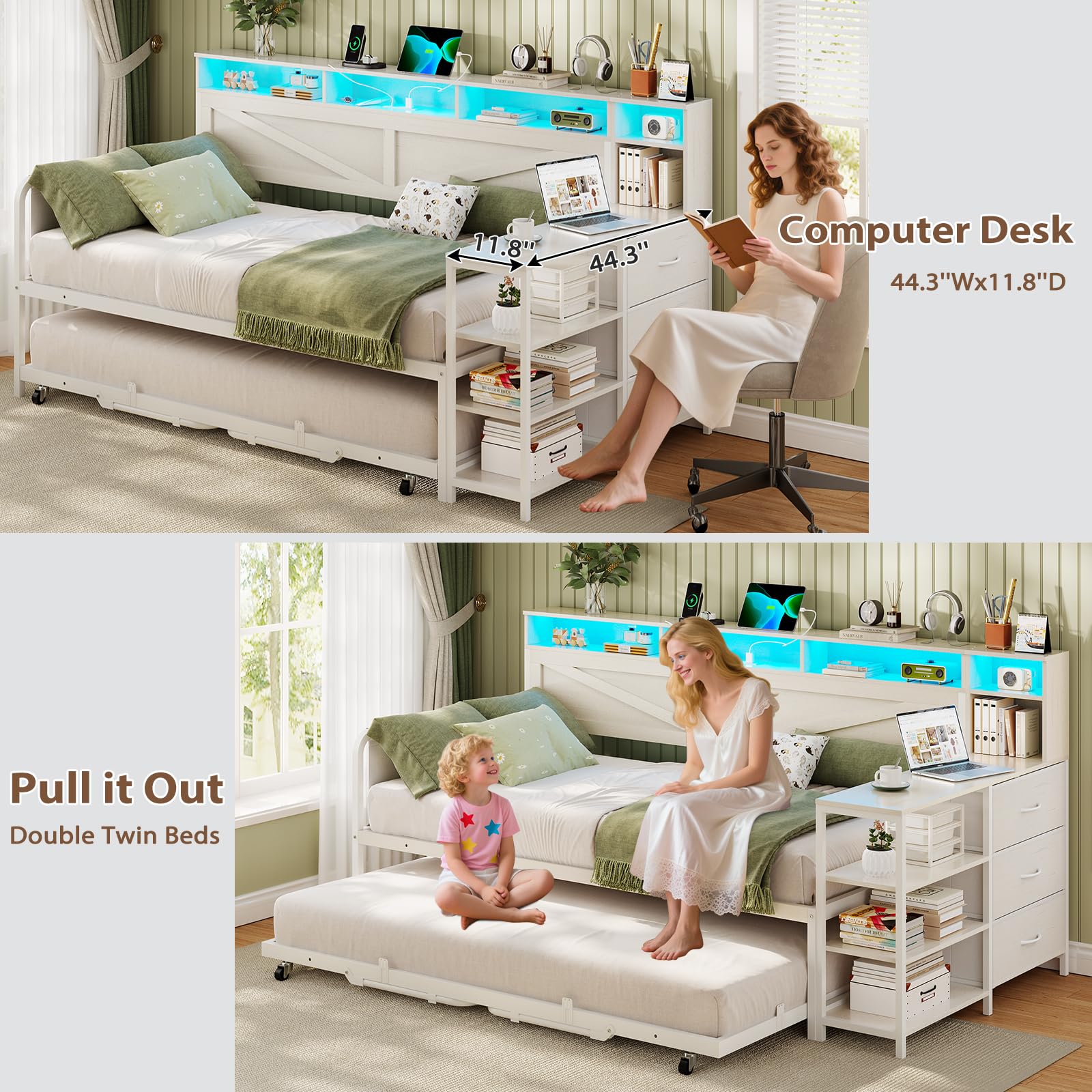 Twin Daybed with Pop-Up Trundle, Farmhouse Wood Frame with 3 Storage Drawers, Shelves, LED Lights & Charging Station, Twin to King, White