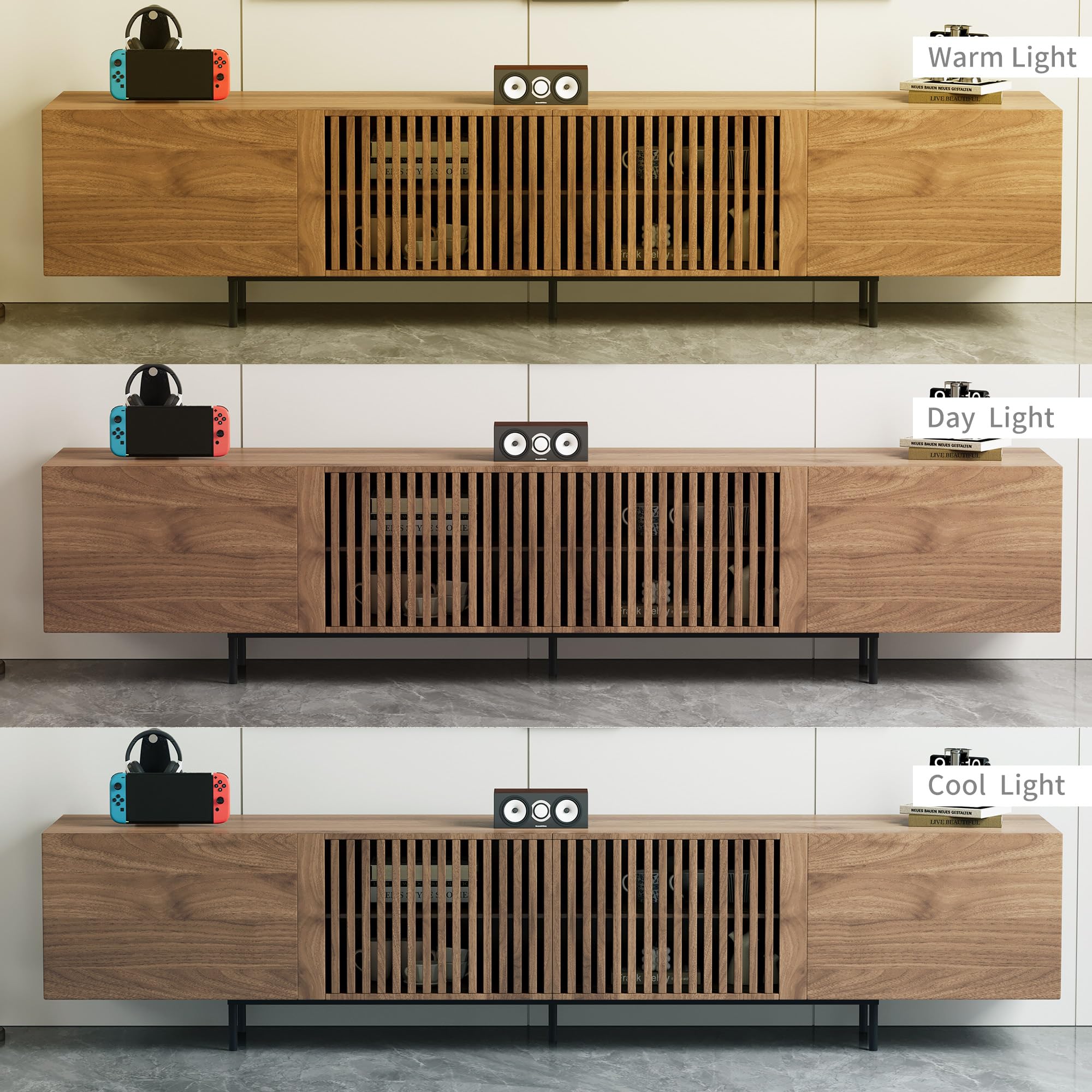 Modern Walnut TV Console for 70 Inch Screen – 70.87” Media Unit with Grille Doors and Drawers for Living Room & Bedroom