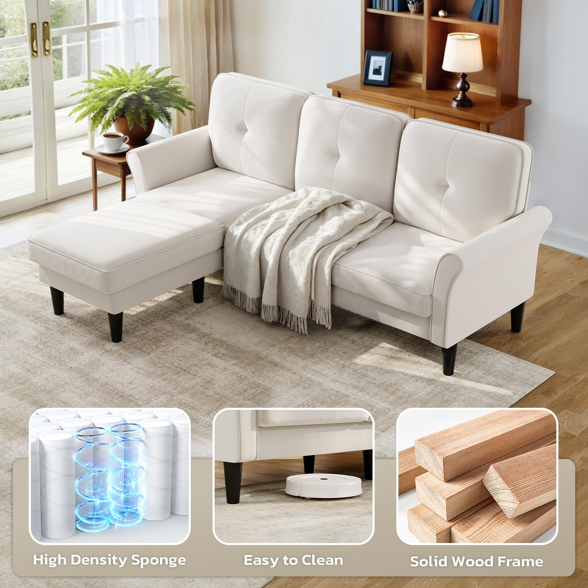 83" Velvet Sectional Couch, Modern 3-Seater L-Shaped Sofa with Ottoman, Small Sofa for Living Room, Bedroom, Apartment, Office, Beige