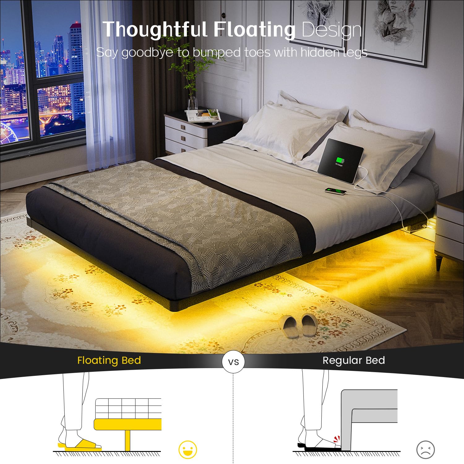 Floating Bed Frame Full Size with Smart LED Lights and Charging Station - Modern Metal Platform Bed, Easy Assembly No Box Spring Needed
