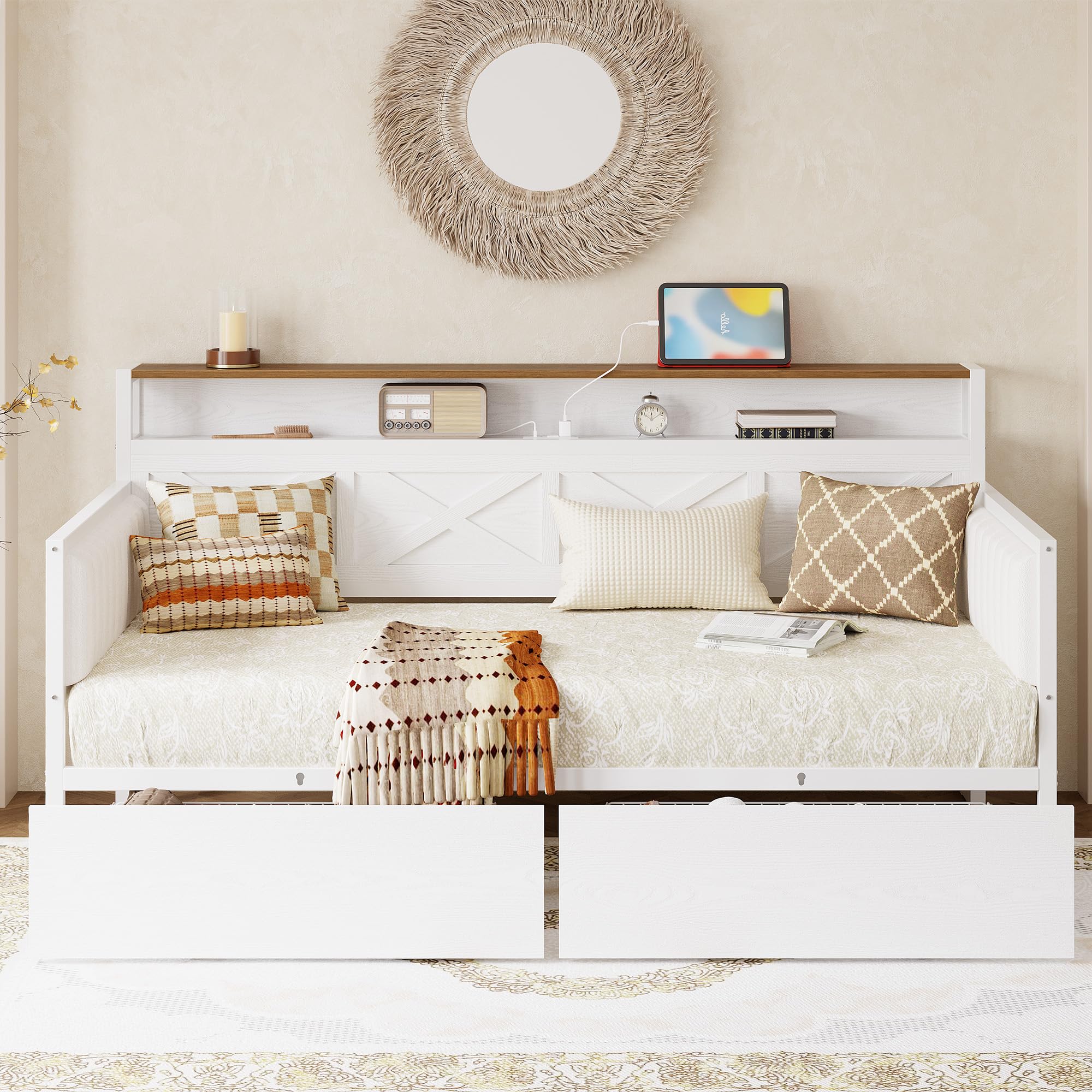 Twin Daybed with Storage Drawers, Metal Frame with X-Shaped Headboard & Charging Station, Farmhouse Bed for Bedroom, White/Walnut