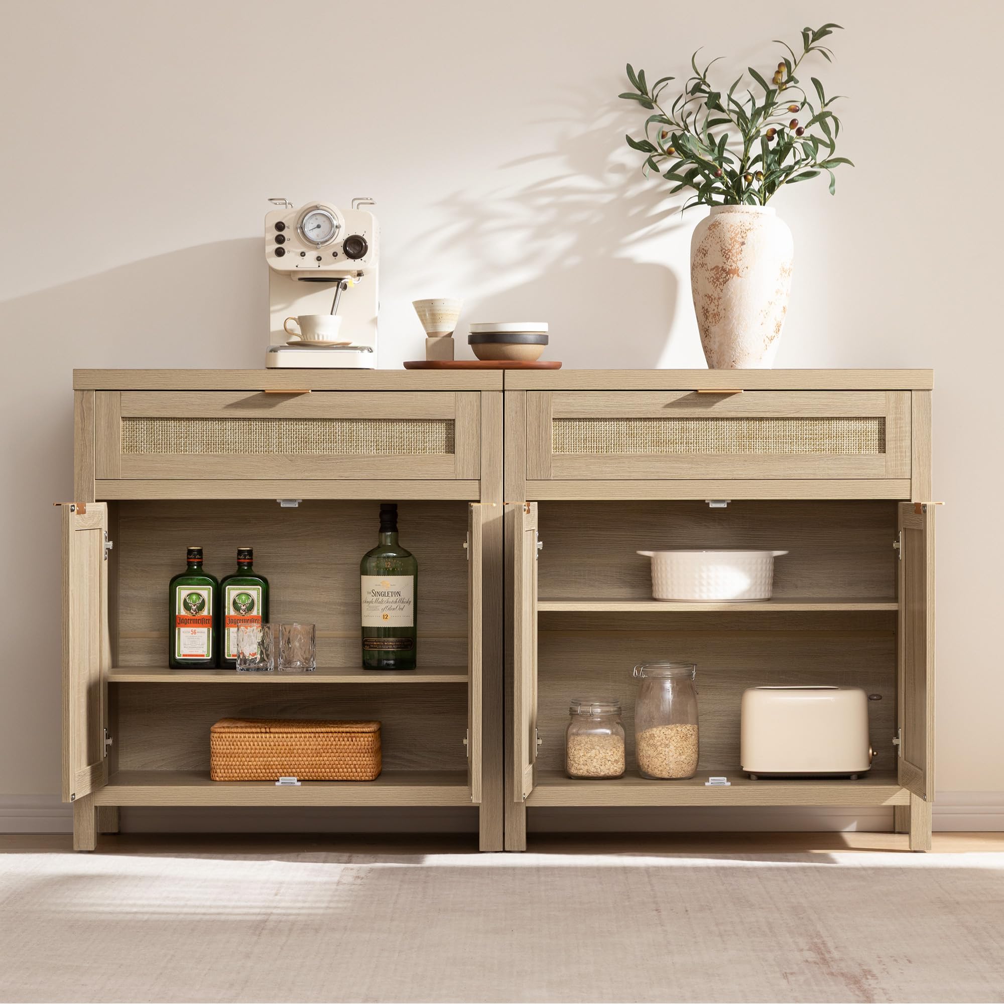 Sideboard Buffet Storage Cabinet Set of 2, Rattan Credenza Buffet Table, Boho Console Accent Cabinet with Doors and Drawer, Coffee Bar