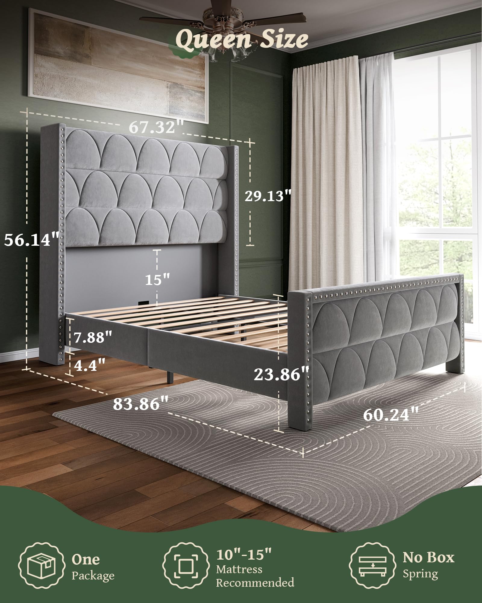 Queen Size Bed Frame with 56" Headboard - 1000LBS Capacity Support, Velvet Upholstered Wingback , Noise Free, Sturdy Wooden Slat Support