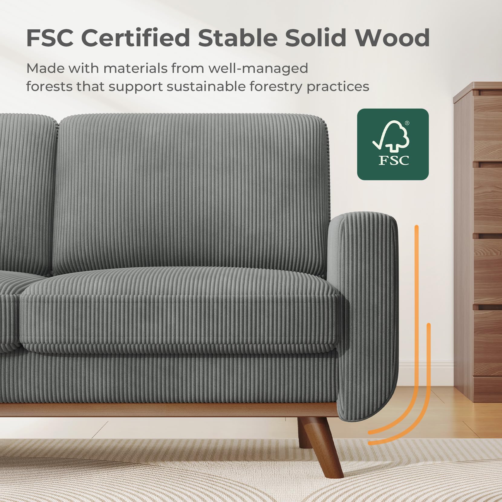 68" Loveseat Sofa Dark Gray, Comfy Corduroy Couch with Spring Cushion and Solid Wood, Modern Extra Deep Seat for Bedroom, Living Room, Office