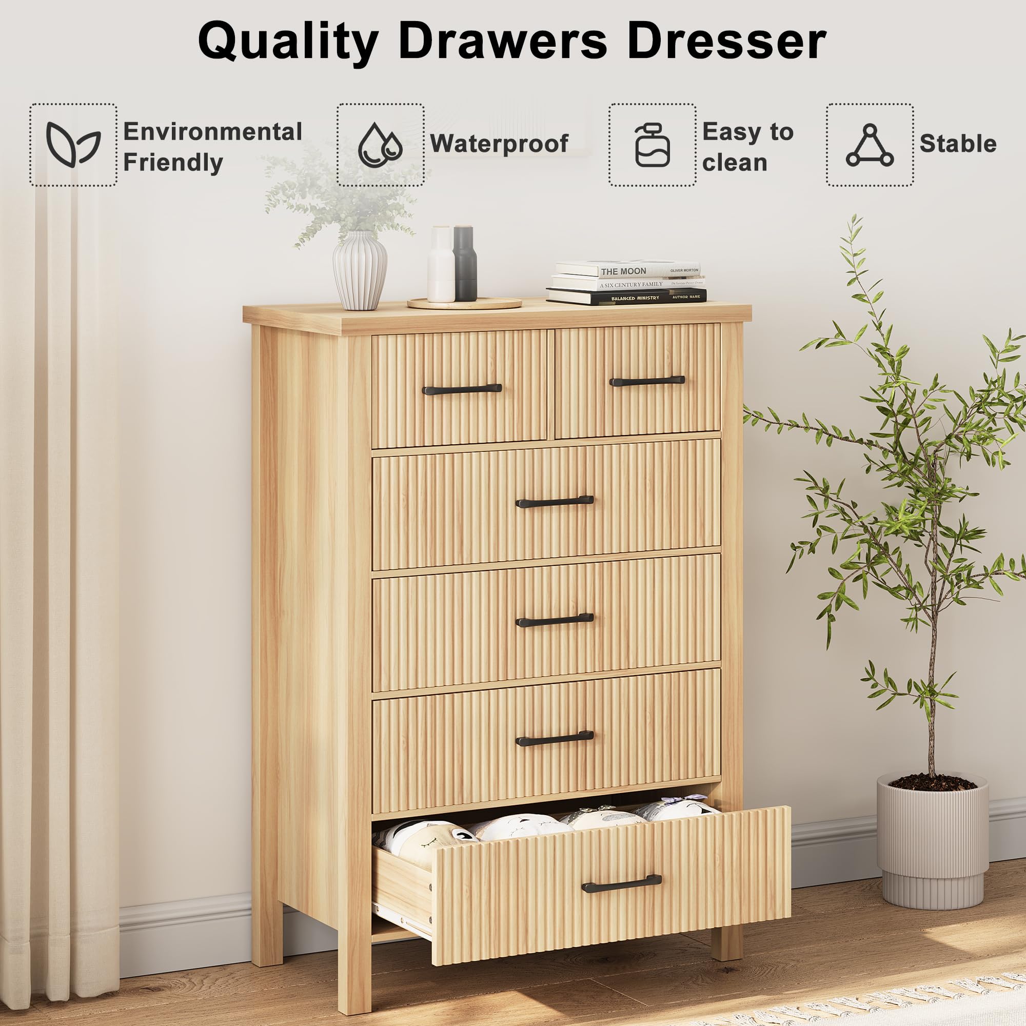 Fluted 6 Drawers Dresser for Bedroom, Tall Boho Chest of Drawers with Metal Handle, Wooden Closet Clothes Storage Organizer for Living Room, Hallway (Natural Oak)