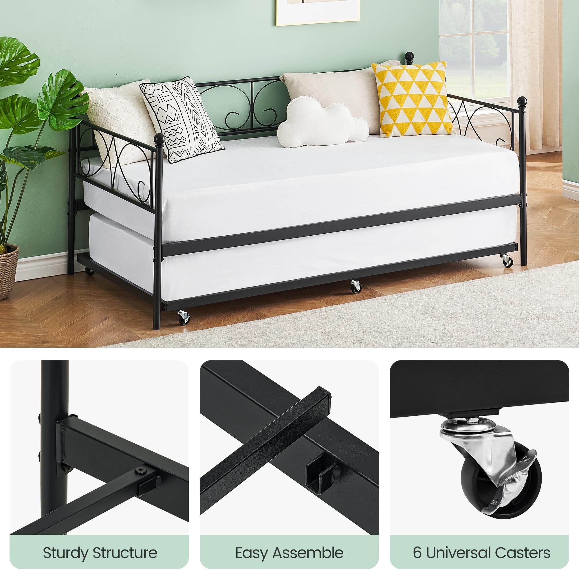 Twin Daybed with Trundle, Metal Trundle Bed, Sofa Bed Frame, Heavy Duty Metal Slats, for Living Room, Bedroom, Guest Room, Space Saving, Black
