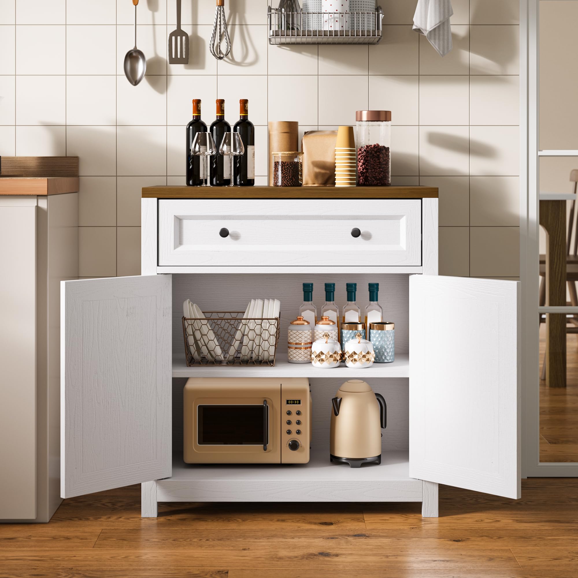 Kitchen Storage Cabinet with Adjustable Shelf, Farmhouse Coffee Bar Sideboard Buffet with Large Drawer, Barn Door, 30"W x 15.6"D x 33.3"H