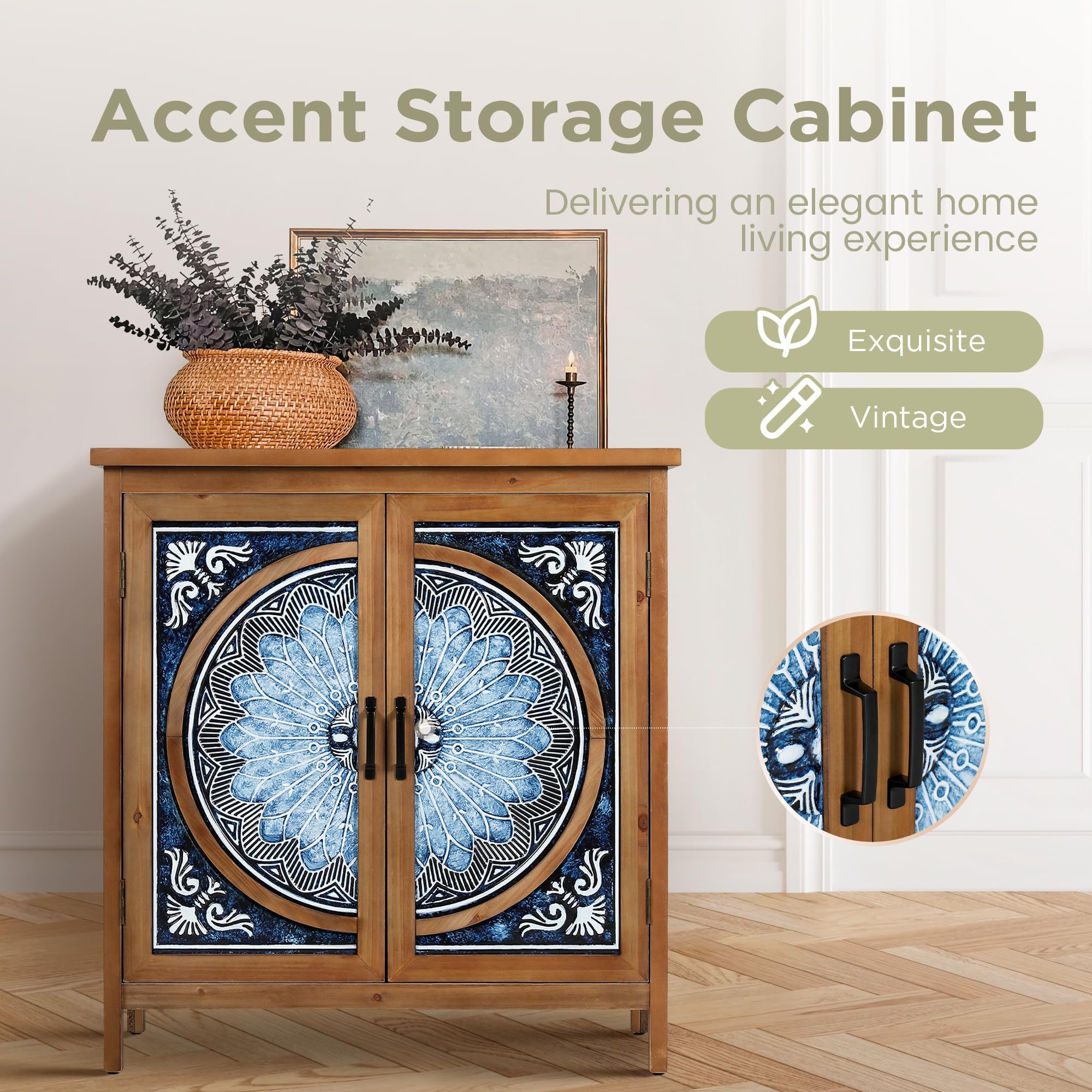 2-Door Accent Cabinet, Distressed Storage Cabinet with Blue and White Porcelain Pattern for Entryway Living Room