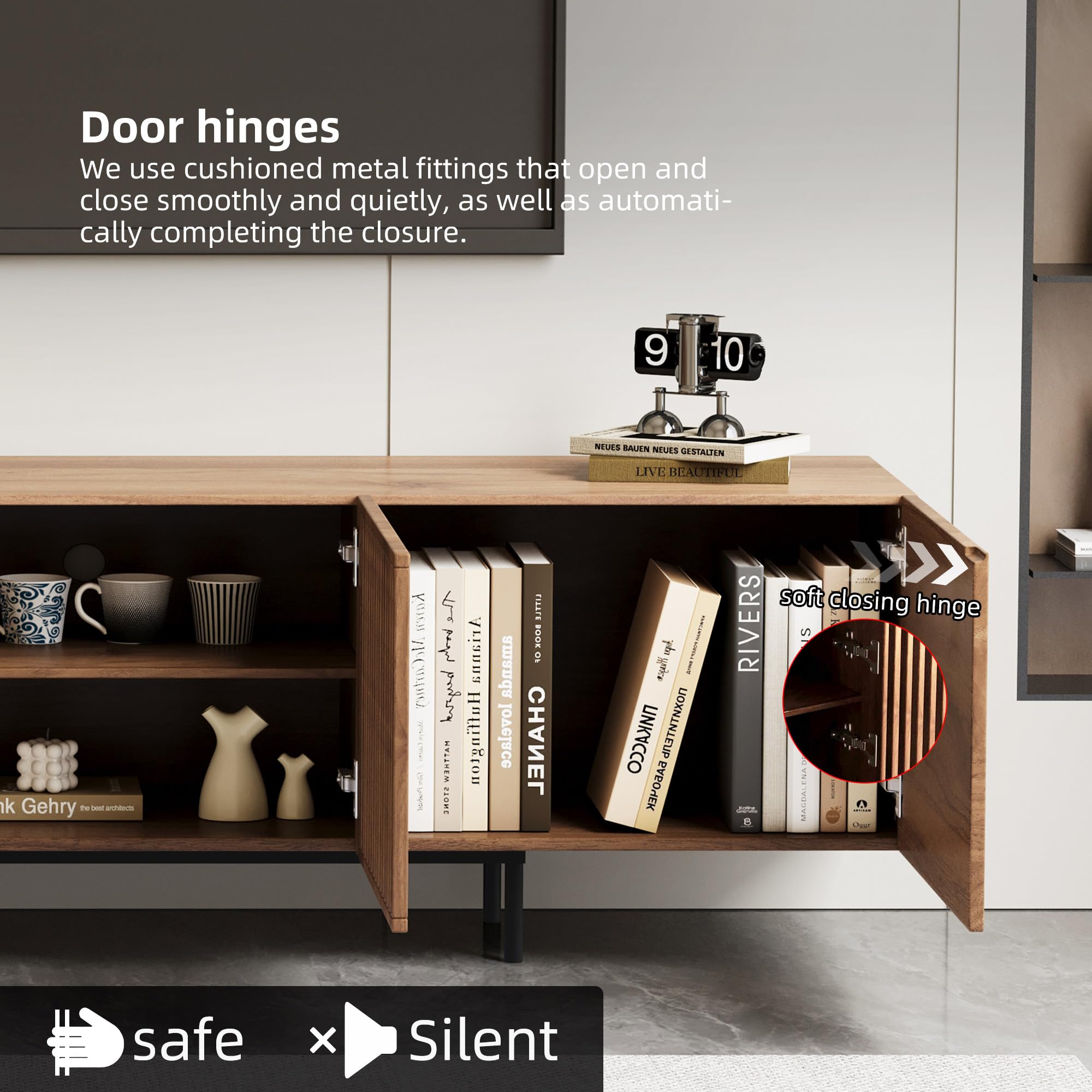 Modern Walnut TV Console for 70 Inch Screen – 70.87” Media Unit with Grille Doors and Drawers for Living Room & Bedroom
