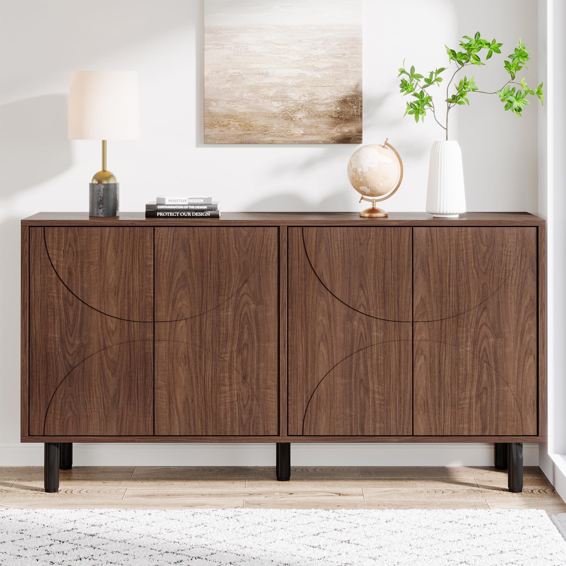 Sideboard Buffet Cabinet with Storage, 55" Mid-Century Modern Credenza Accent Storage Cabinet with 4 Doors and Adjustable Shelves for Dining