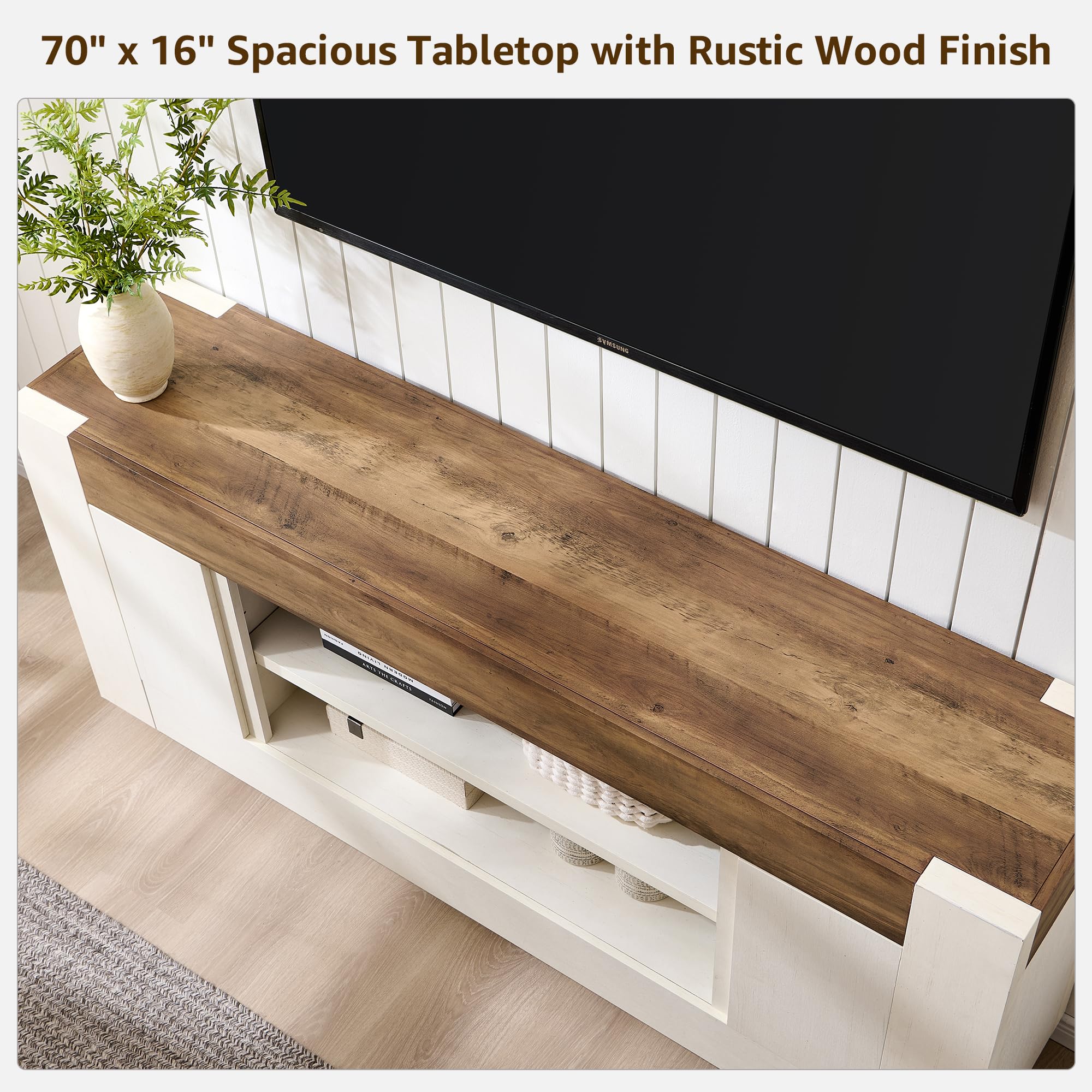 Modern 70" TV Stand, Entertainment Center for TVs up to 80", Media Console with Open Storage & Side Cabinets, Thick Wood Design, Antique White