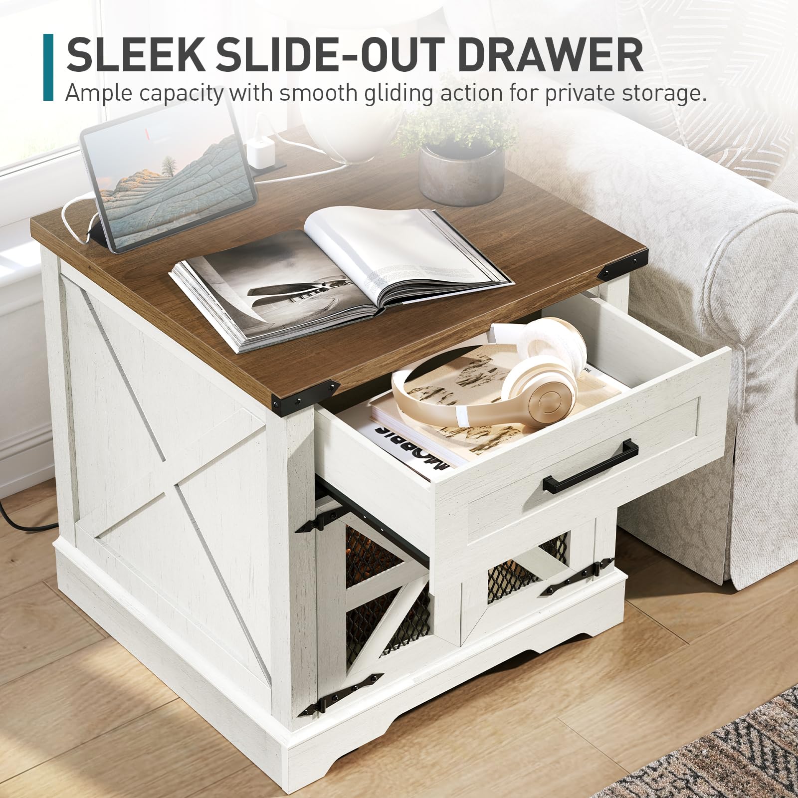 Set of 2 White Farmhouse End Tables, 24" Large Side Tables with Drawer & Charging Station, Square Wooden Nightstands, White & Walnut