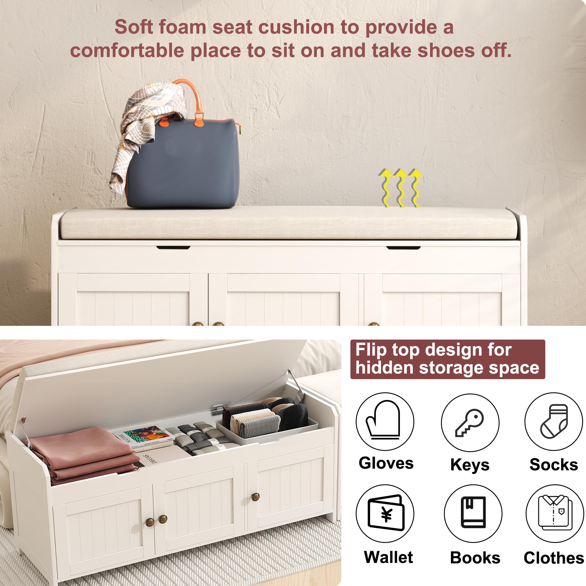 41.3" Shoe Bench with Lift-Top Storage, Cushioned Entryway Bench, Hidden Storage Cabinet for Bedroom, Hallway, End of Bed, White