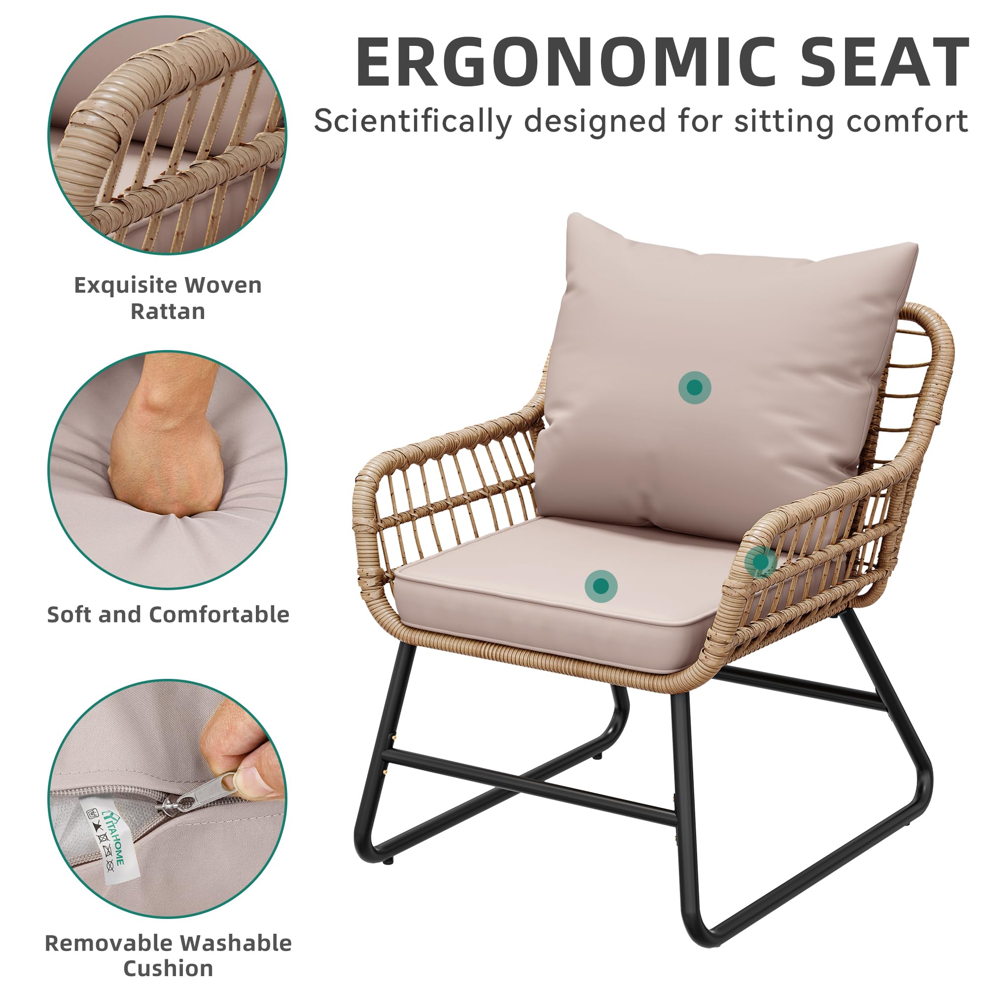 Outdoor Patio Conversation Set 4 Pieces, Wicker Furniture with Cushions & Coffee Table, Rattan Bistro Chairs with Side Table, Beige