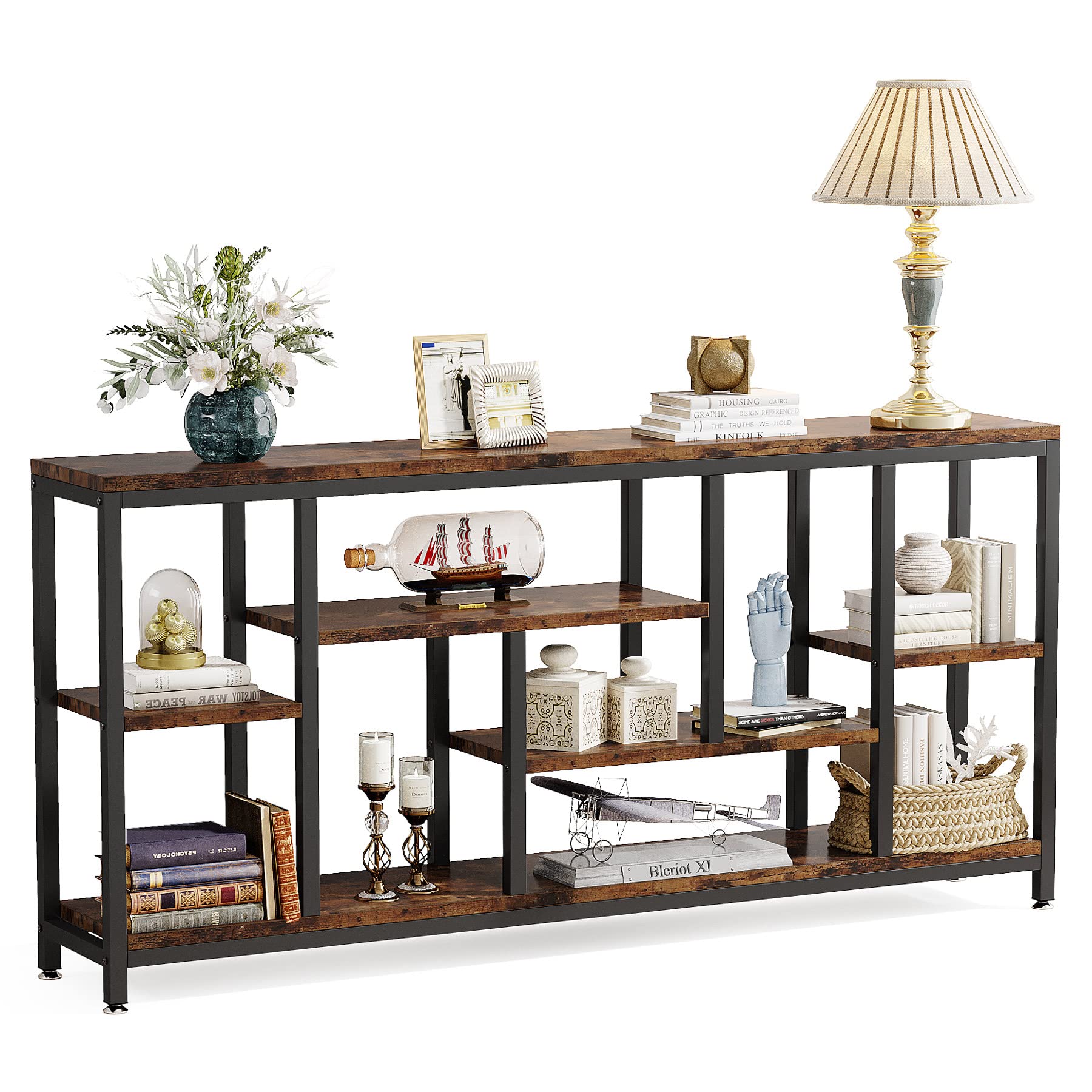 Console Sofa Table, 70.9 inch Extra Long Table Behind Couch with Storage Shelves, 3-Tier Industrial Narrow Entryway Hallway Accent Table for Living Room, Rustic Brown