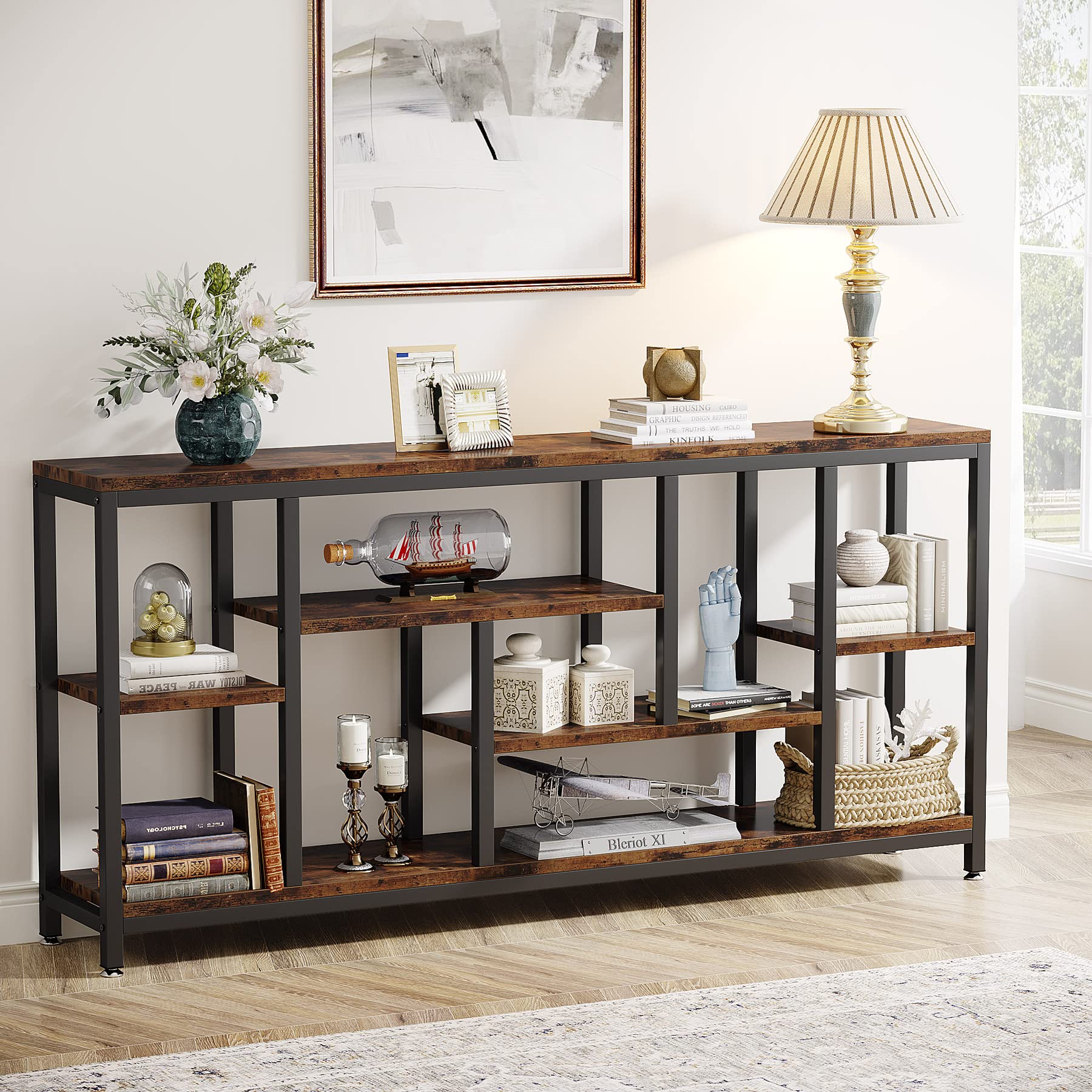 Console Sofa Table, 70.9 inch Extra Long Table Behind Couch with Storage Shelves, 3-Tier Industrial Narrow Entryway Hallway Accent Table for Living Room, Rustic Brown