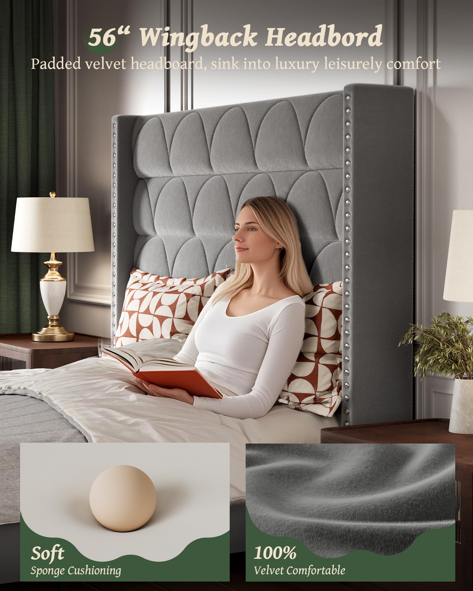 Queen Size Bed Frame with 56" Headboard - 1000LBS Capacity Support, Velvet Upholstered Wingback , Noise Free, Sturdy Wooden Slat Support