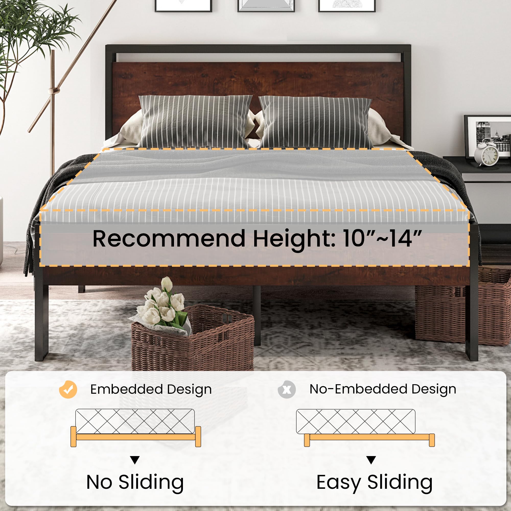 14 Inch Full Size Metal  with Wooden Headboard and Footboard, , , Large Under Bed Storage, Non-Slip Without Noise, Mahogany
