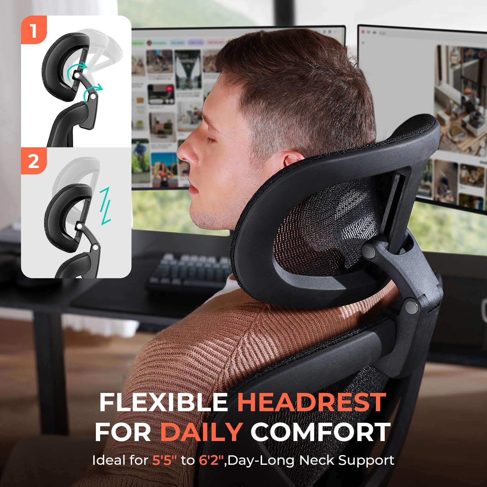 Ergonomic Mesh Office Chair, High Back Desk Chair 400lbs with 3D Headrest, Adjustable Lumbar, 4D Flip-Up Arms, PU Wheels, Tilt & Swivel