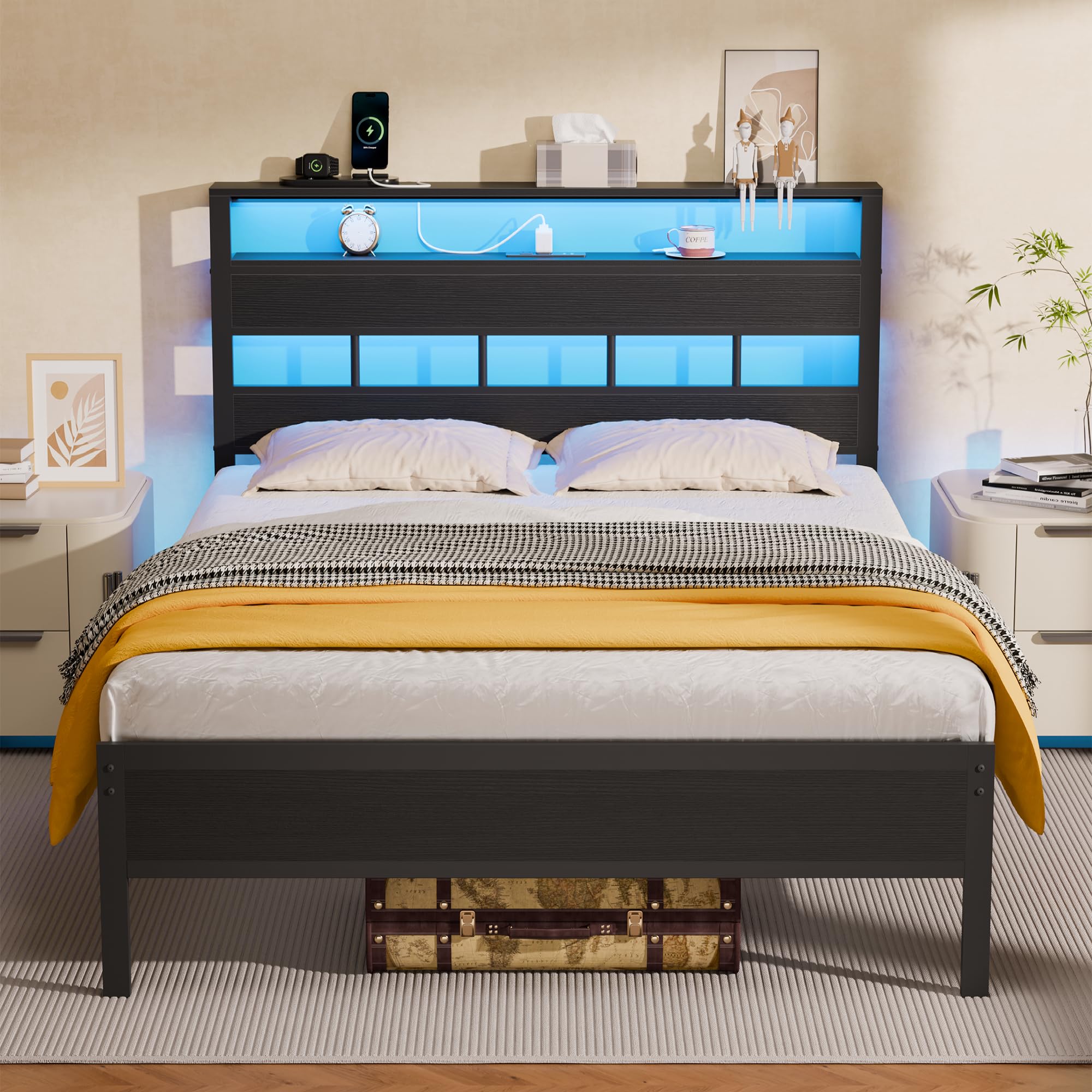 Full Size Bed Frame with LED Light and Charging Station, Wood Storage Headboard with 2-Tier Shelves, Metal Platform Bed with Heavy Duty Slat