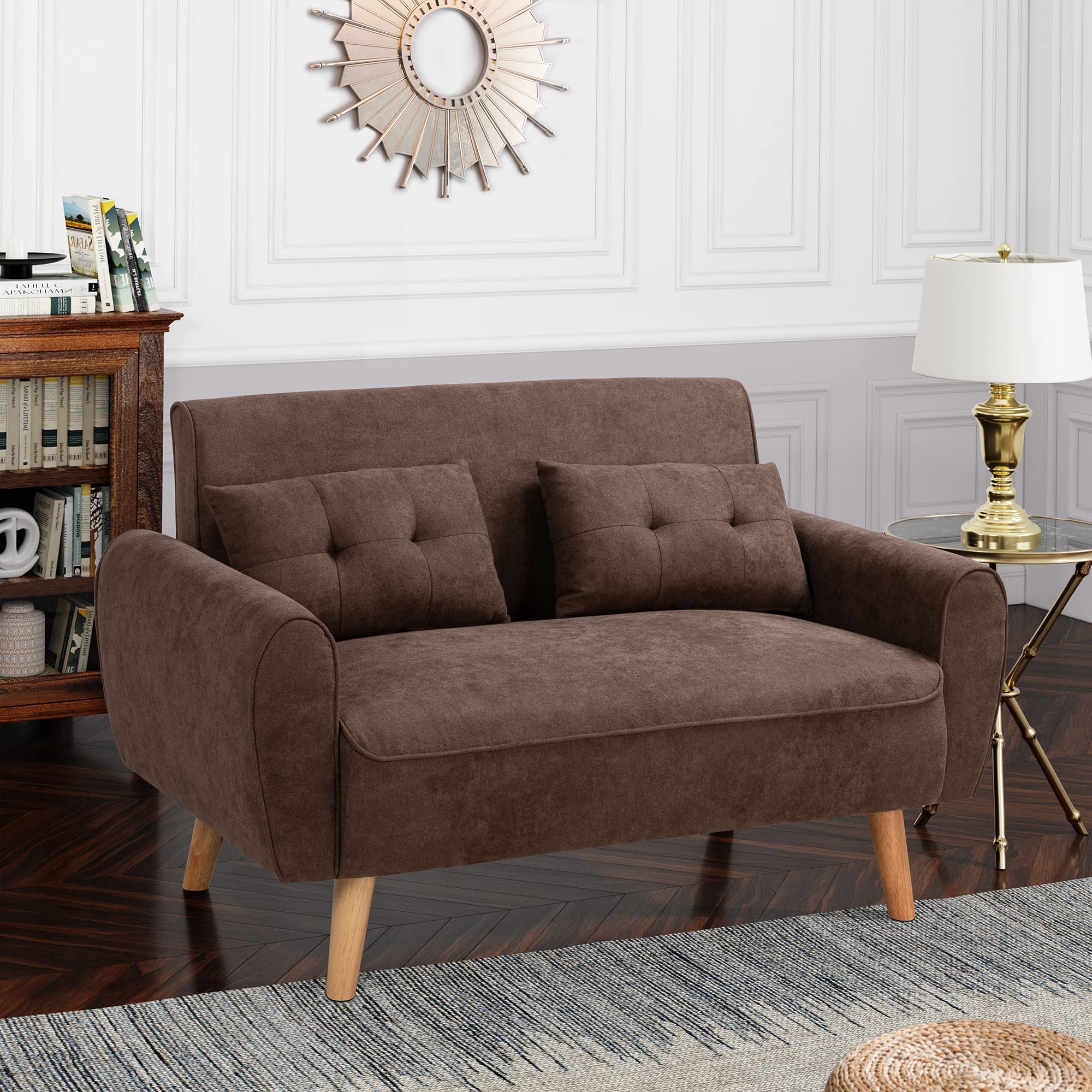 Small Modern Loveseat Sofa, Mid-Century Fabric Upholstered 2-Seat Couch with 2 Pillows for Living Room, Studio, Apartment, Brown