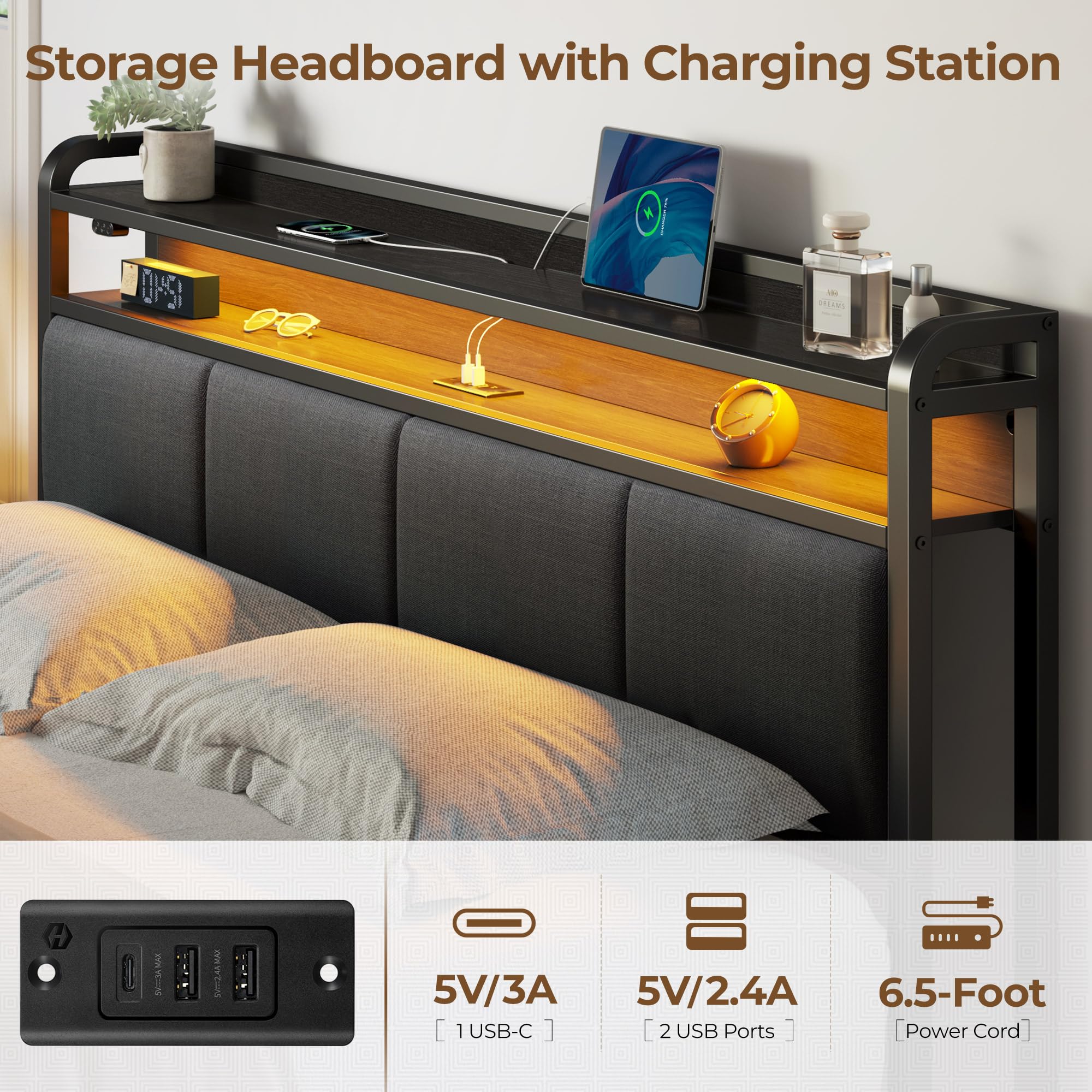 Full Size Bed Frame with LED Lights & Charging Station, Upholstered Headboard with Storage, Metal Slats, Dark Grey, No Box Spring