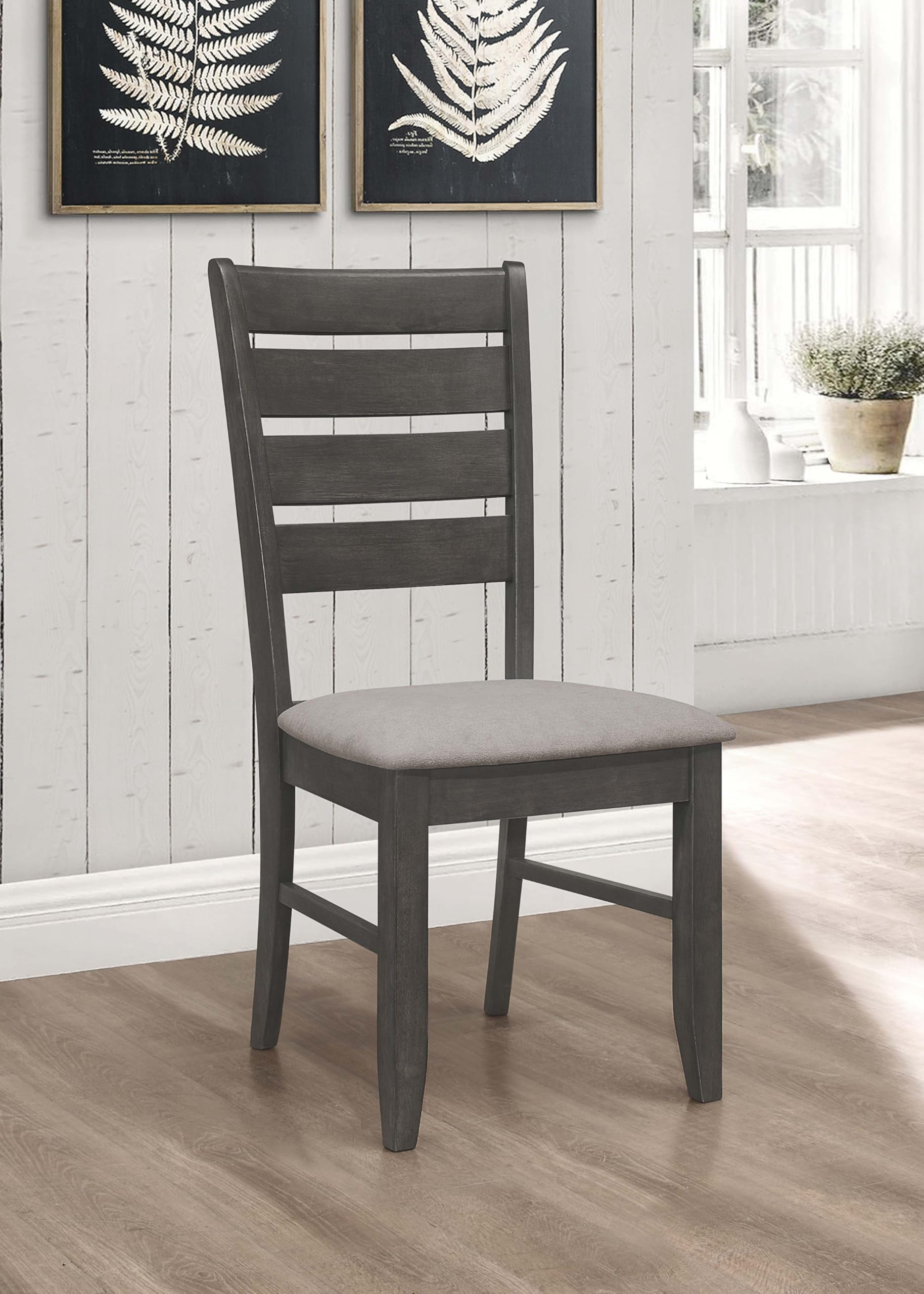 Wood Dining Side Chairs - Transitional Style, Ladder Back, Padded Fabric Seats - Dining Room, Kitchen - Set of 2 - Dark Grey - 102722GRY