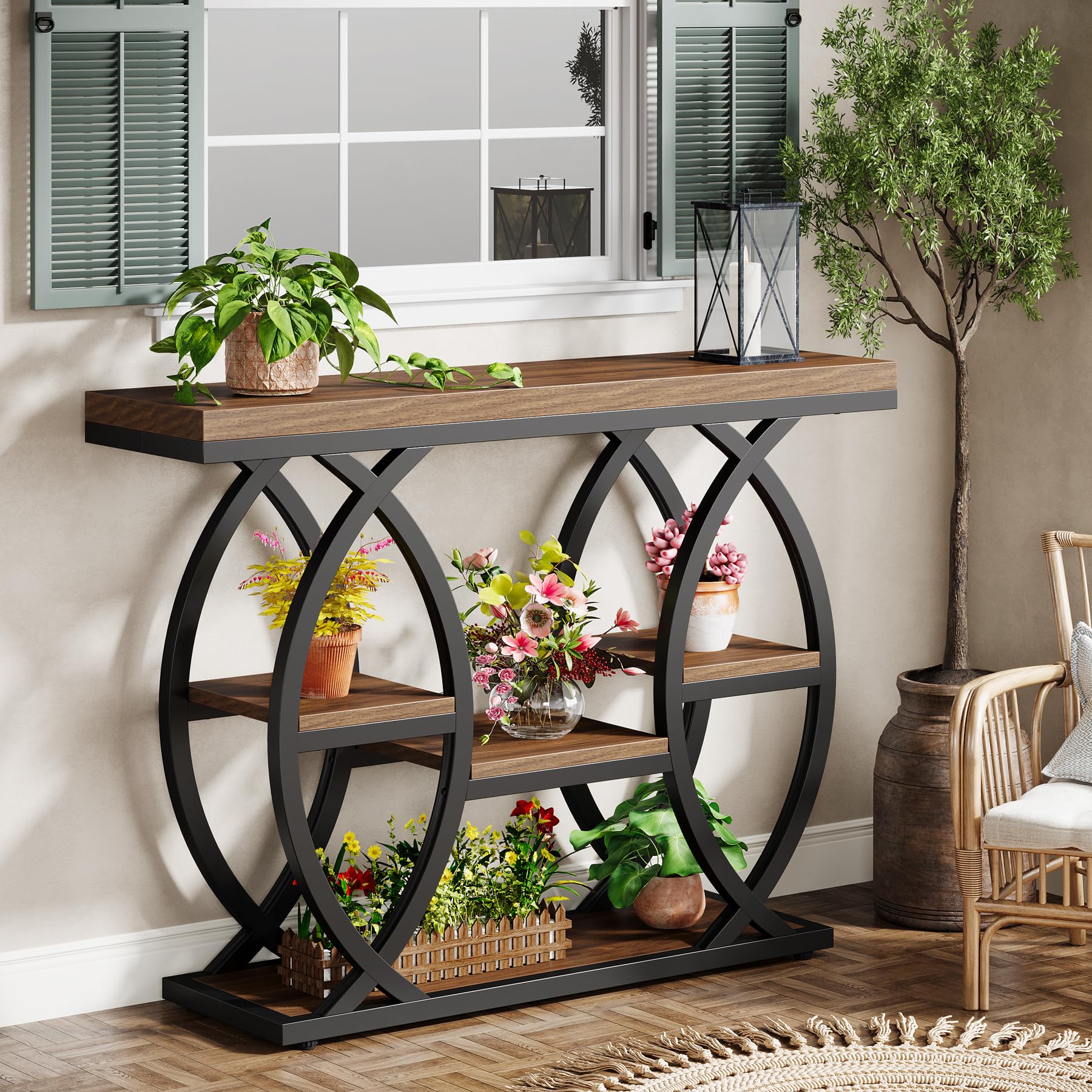 39.4" Industrial Console Table, 4-Tier Entryway Sofa Table with Storage Shelves, Narrow Wood Accent Table for Small Spaces, Rustic Brown