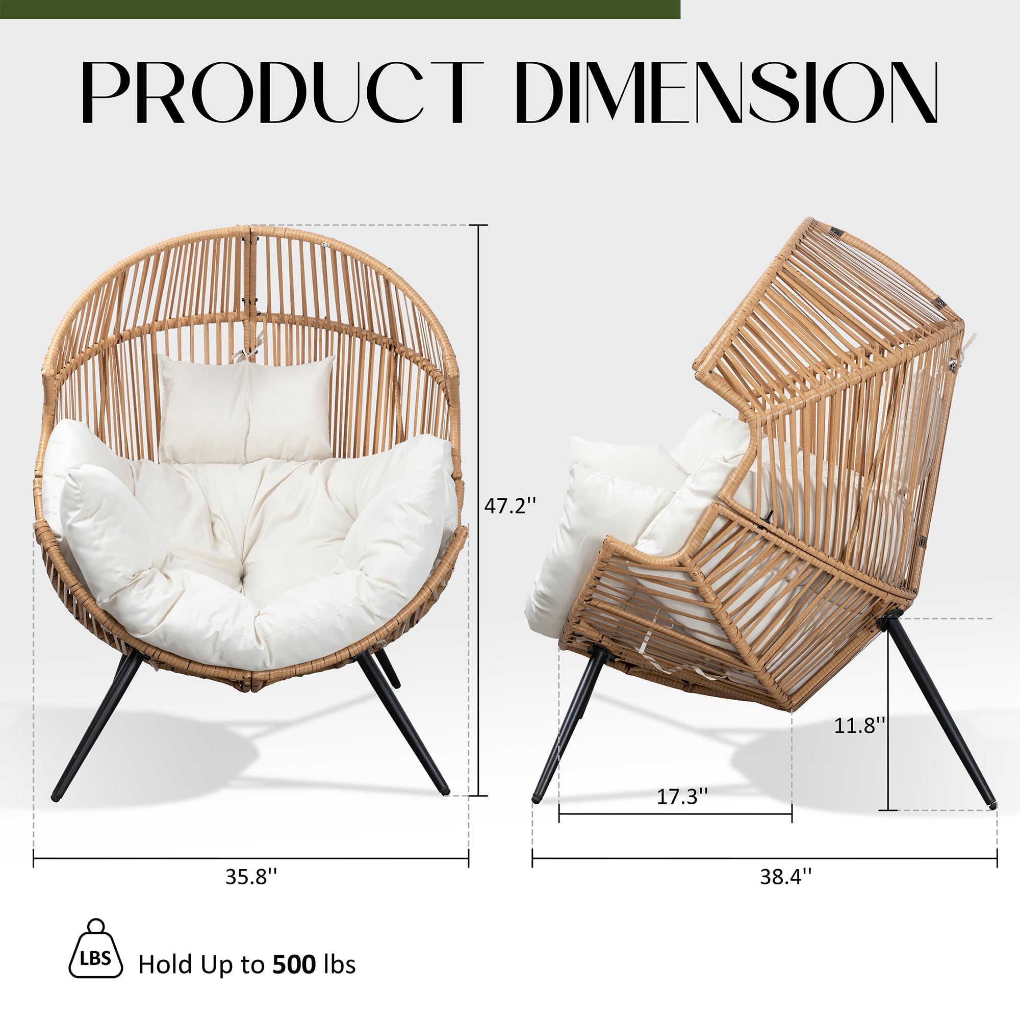 Egg Chair Wicker Outdoor Chairs, Oversized Patio Lounger with Cushion for Indoor Living Room, Bedroom, Backyard, Balcony, Beige