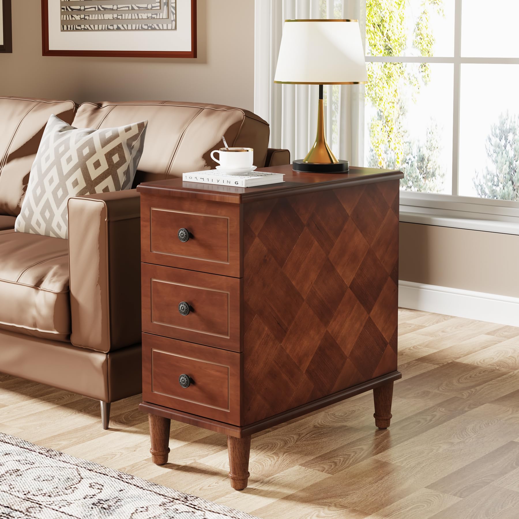 Solid Wood End Table, Fully Assembled Slim Side Table with Drawers, Narrow Nightstand for Small Spaces, Bedroom, Living Room, Brown
