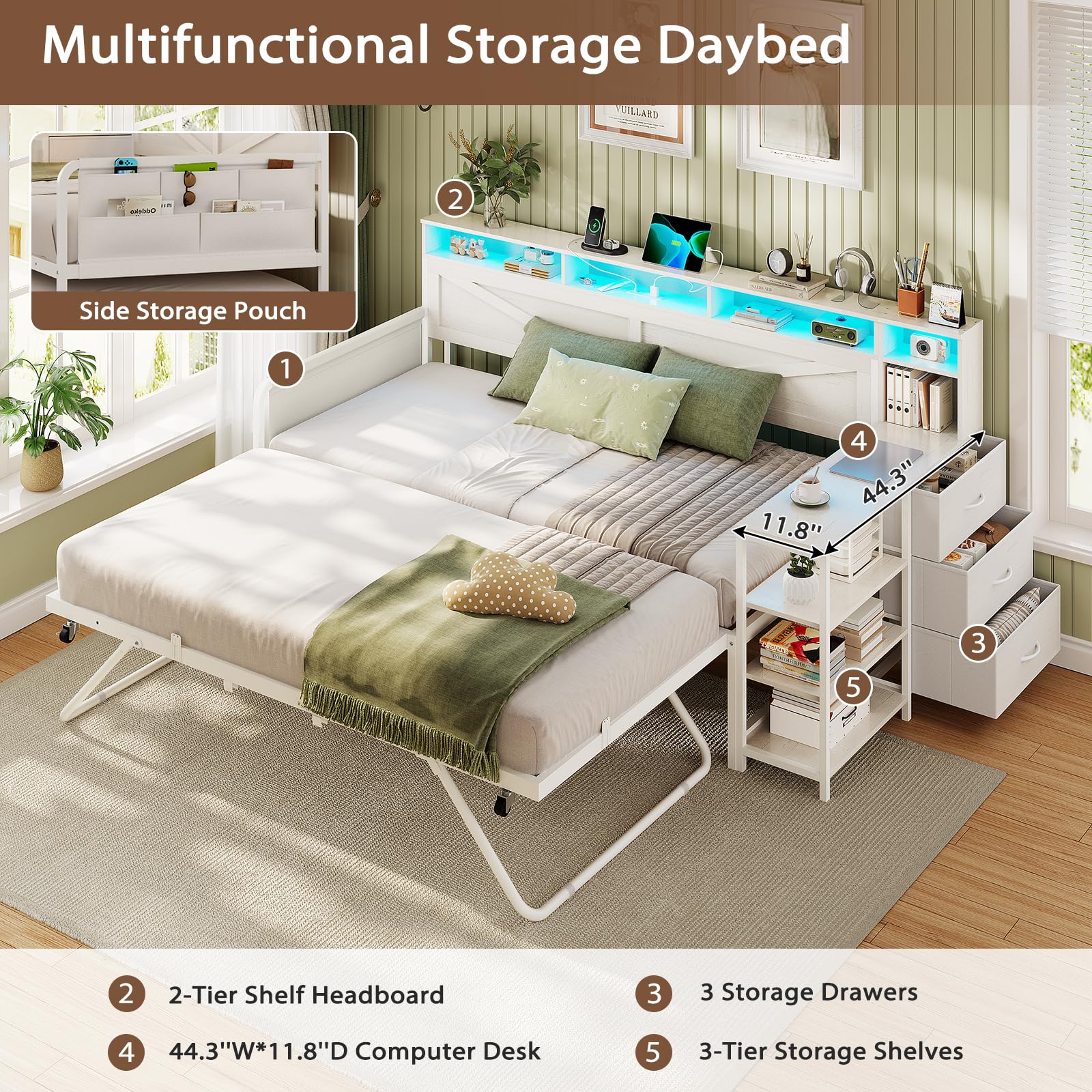 Twin Daybed with Pop-Up Trundle, Farmhouse Wood Frame with 3 Storage Drawers, Shelves, LED Lights & Charging Station, Twin to King, White