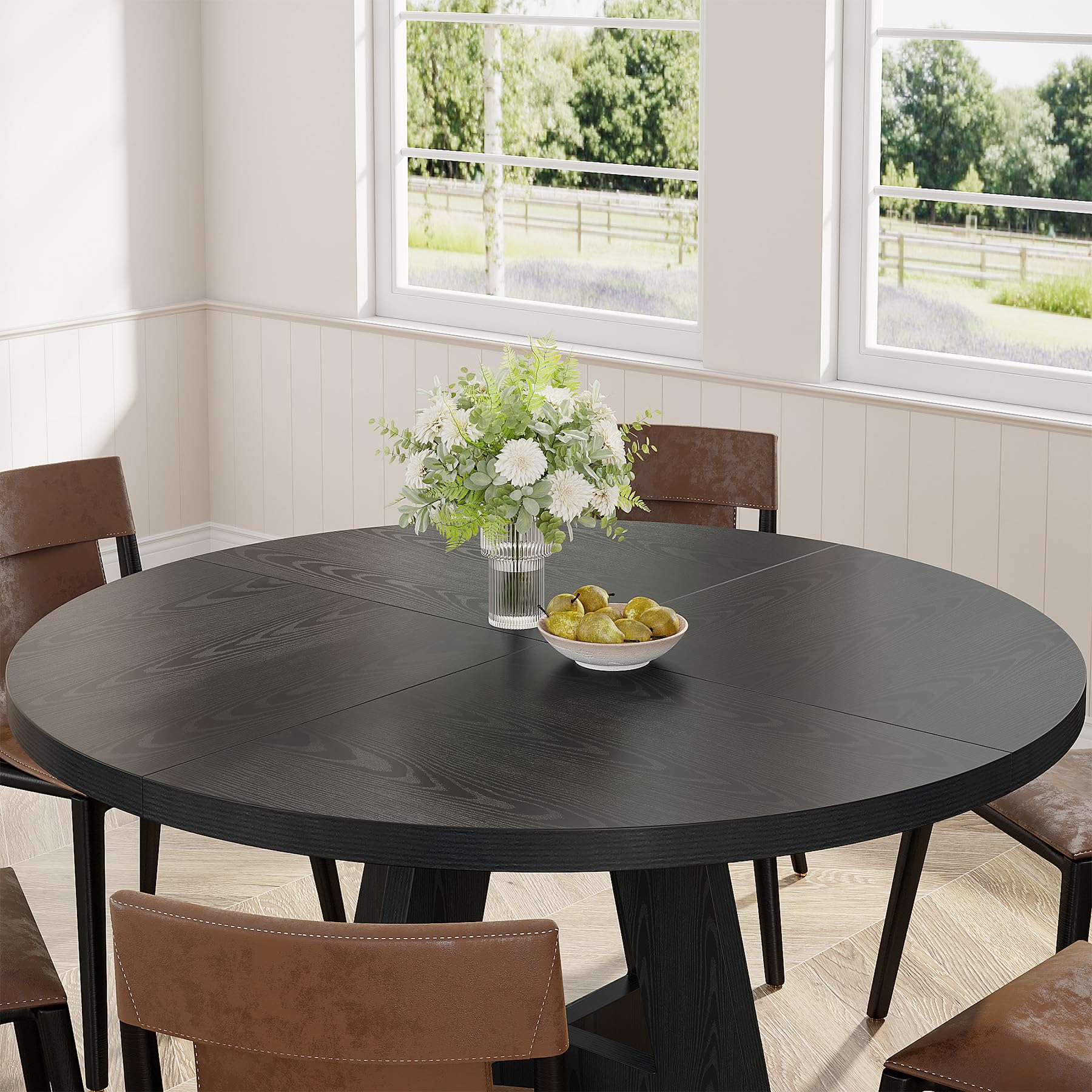 Round Dining Table Wood Kitchen Table for Dining Room, 47 in Dinning Room Tables for 4 Man, Farmhouse Dinner Table with Wooden Tabletop