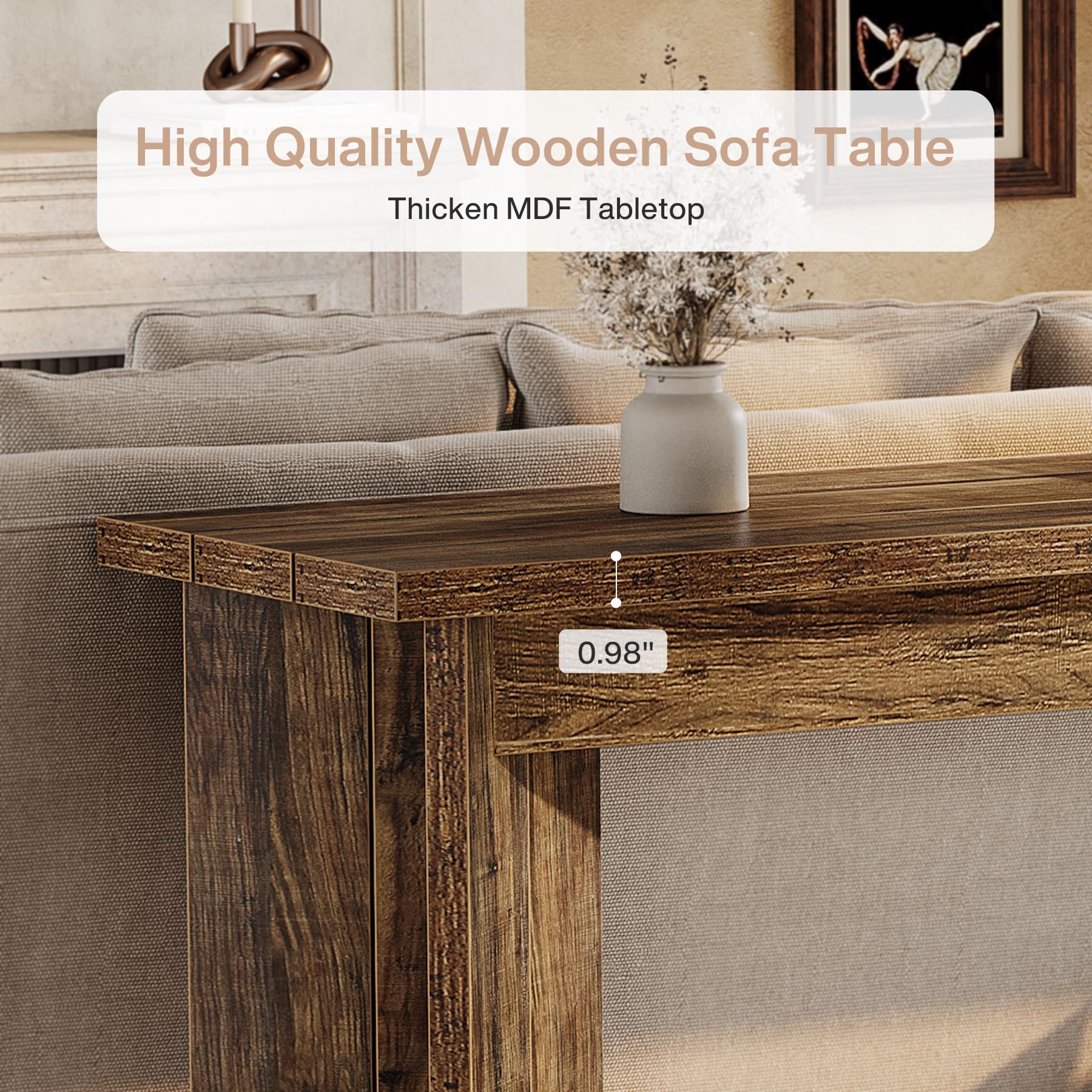 70.9" Wooden Sofa Console Table, Extra Long Farmhouse Entryway Table with Widened Top & Double Pedestal Base for Living Room, Rustic Brown