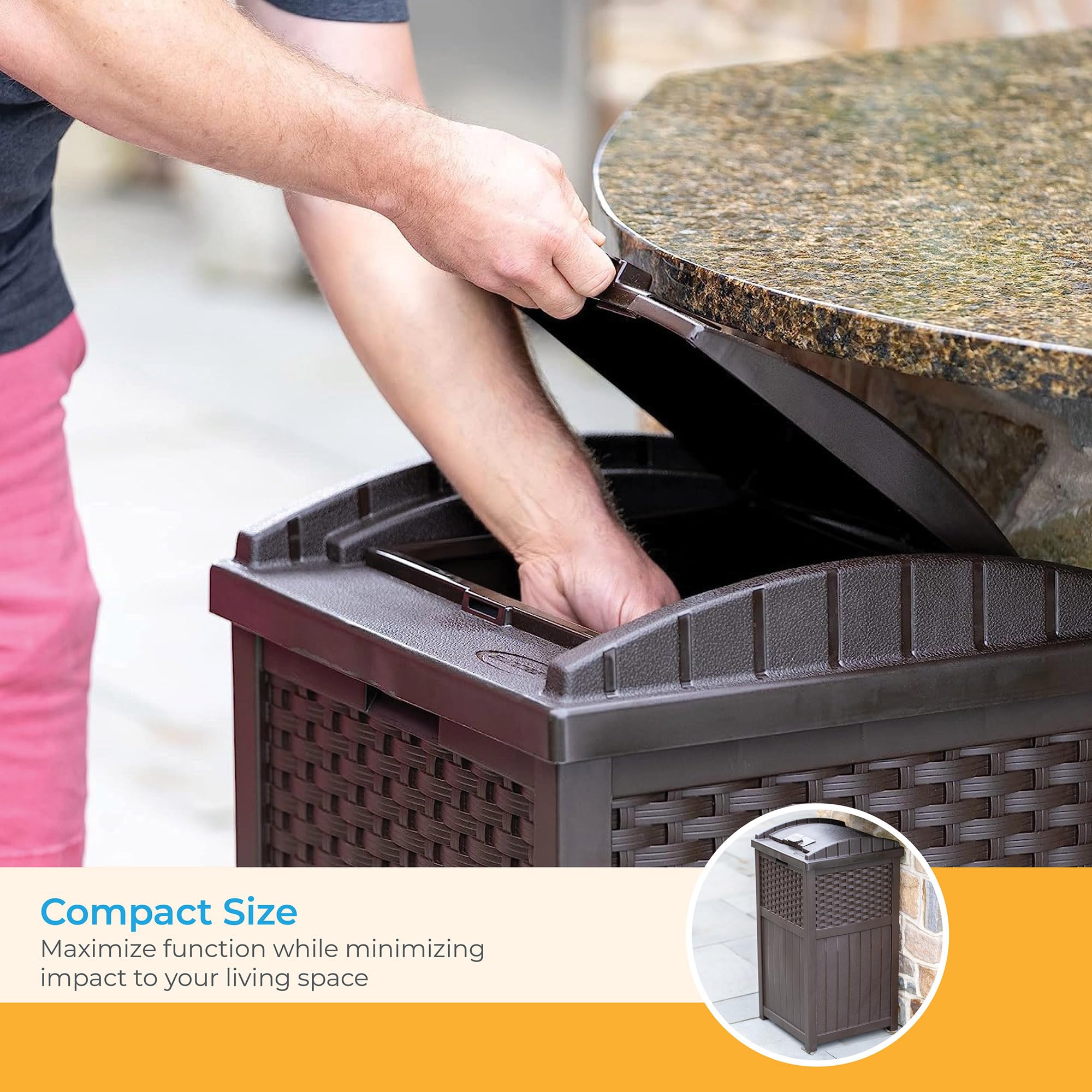 33 Gallon Commercial Outdoor Trashcan Hideaway with Lid for 30 to 33 Gallon Trash Bags for Garage, Backyard, or Garden, Brown