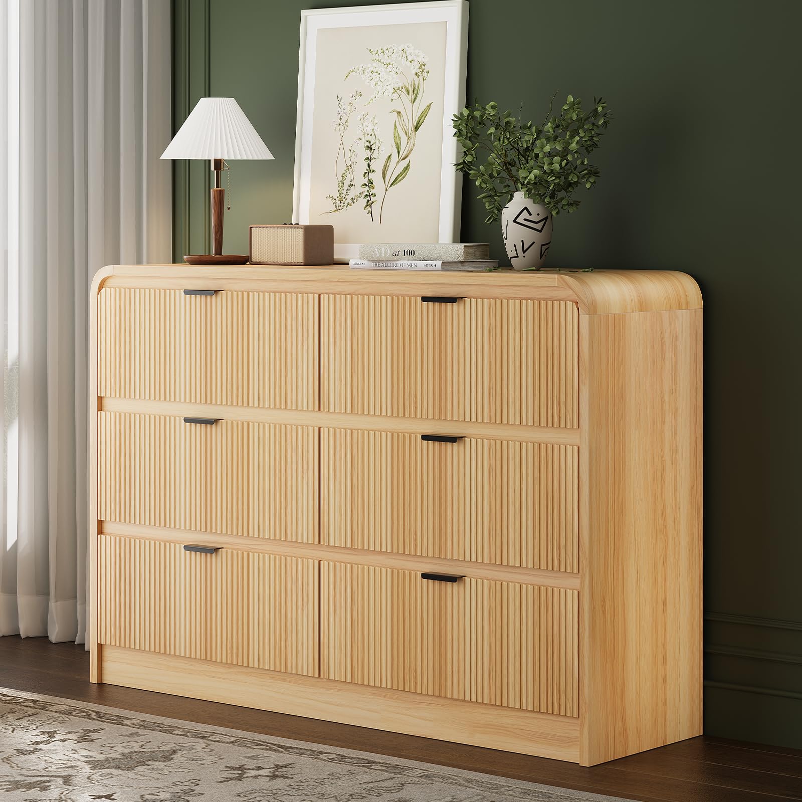 Fluted 6-Drawer Wooden Dresser, 54" Wide with Metal Handles, Curved Design, Modern Storage Organizer for Bedroom, Living Room, Natural Oak