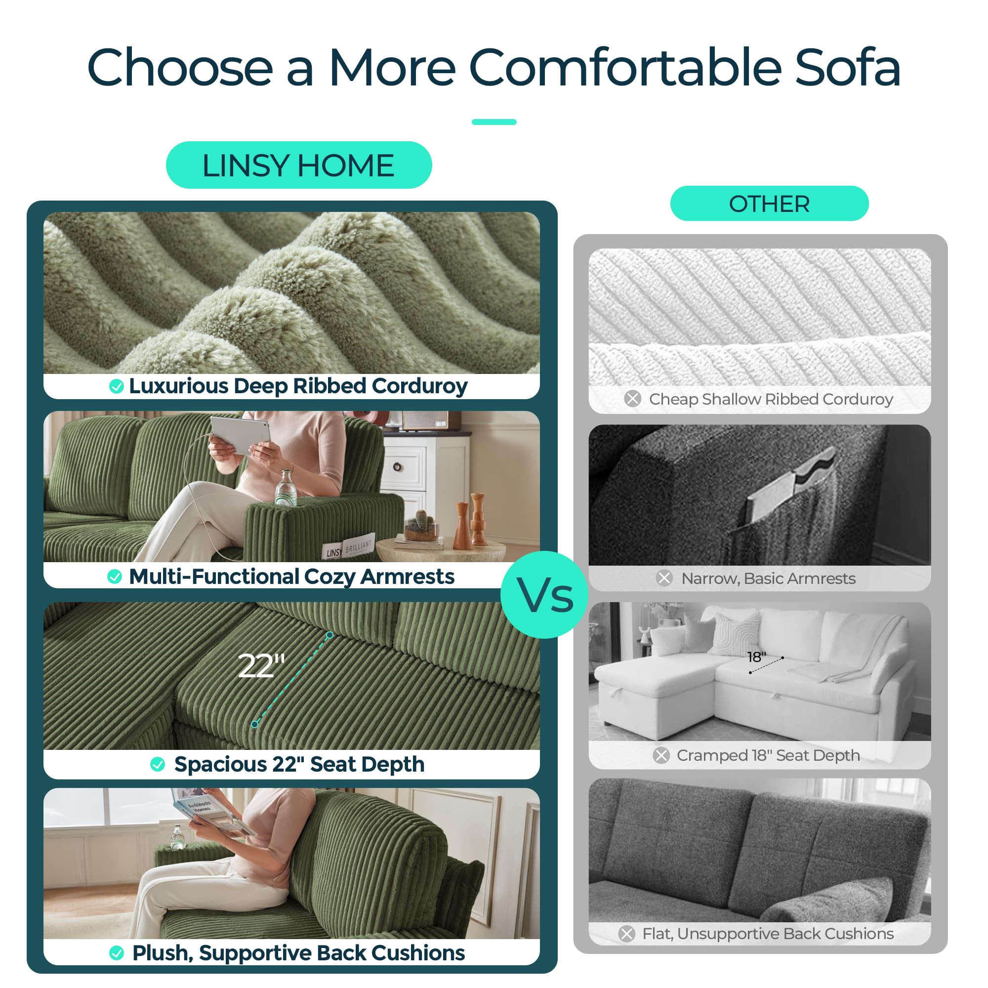 2-in-1 Loveseat Sofa with Pull-Out Chaise, USB Charging & Cup Holders, Plush Corduroy Convertible 2-Seater for Small Spaces, Green