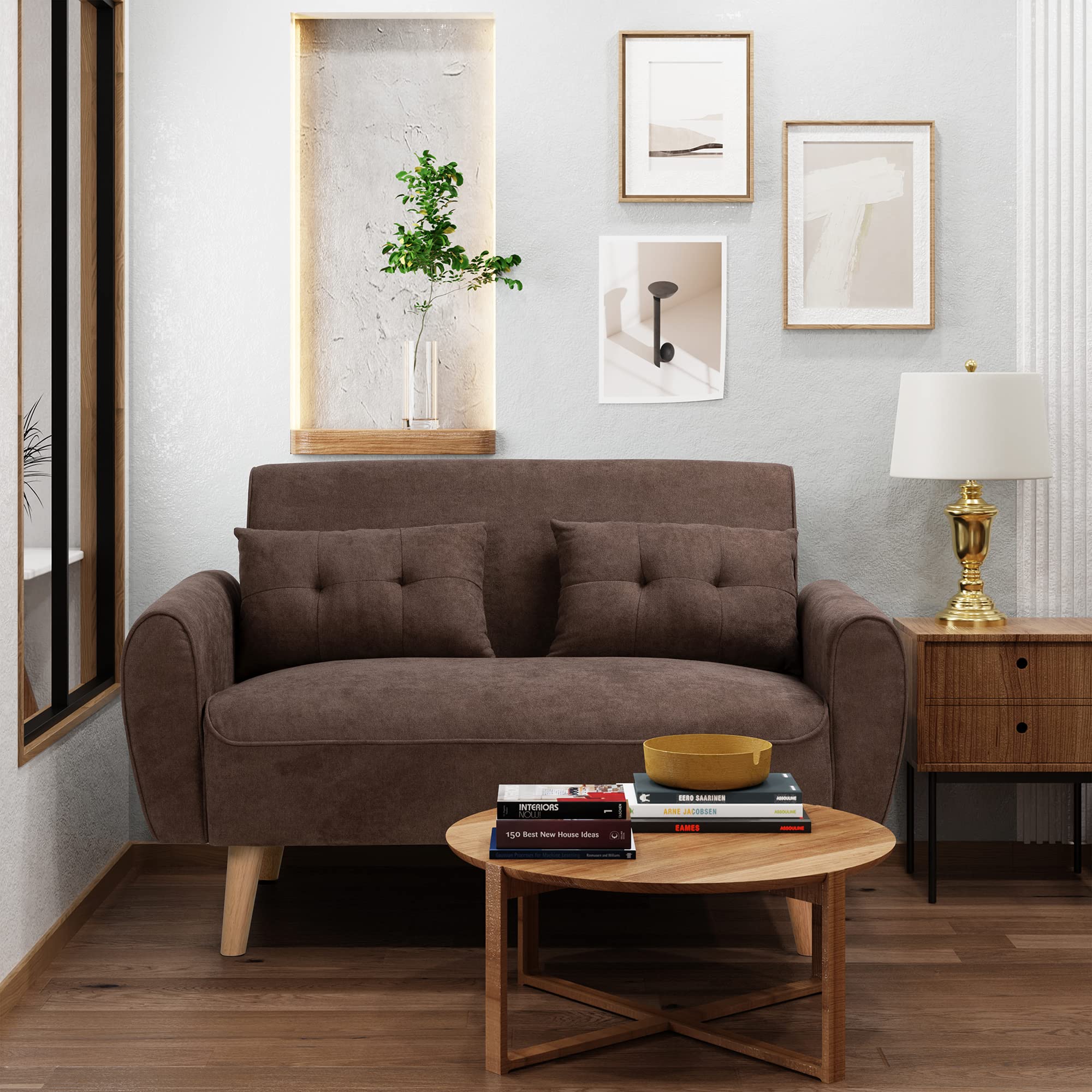 Small Modern Loveseat Sofa, Mid-Century Fabric Upholstered 2-Seat Couch with 2 Pillows for Living Room, Studio, Apartment, Brown