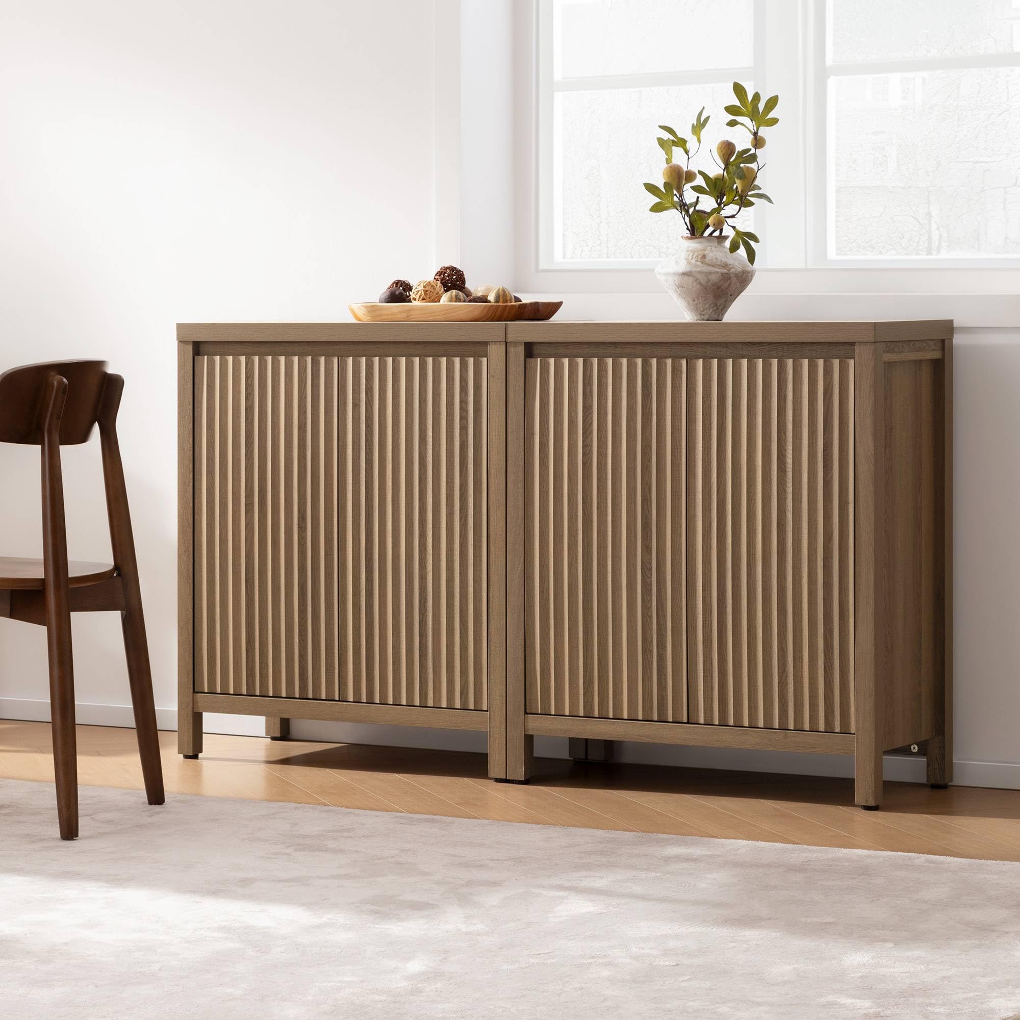 Sideboard Buffet Cabinet with Storage, Fluted Credenza Console Cabinet with Adjustable Shelves, Farmhouse Coffee Bar Storage Cabinets