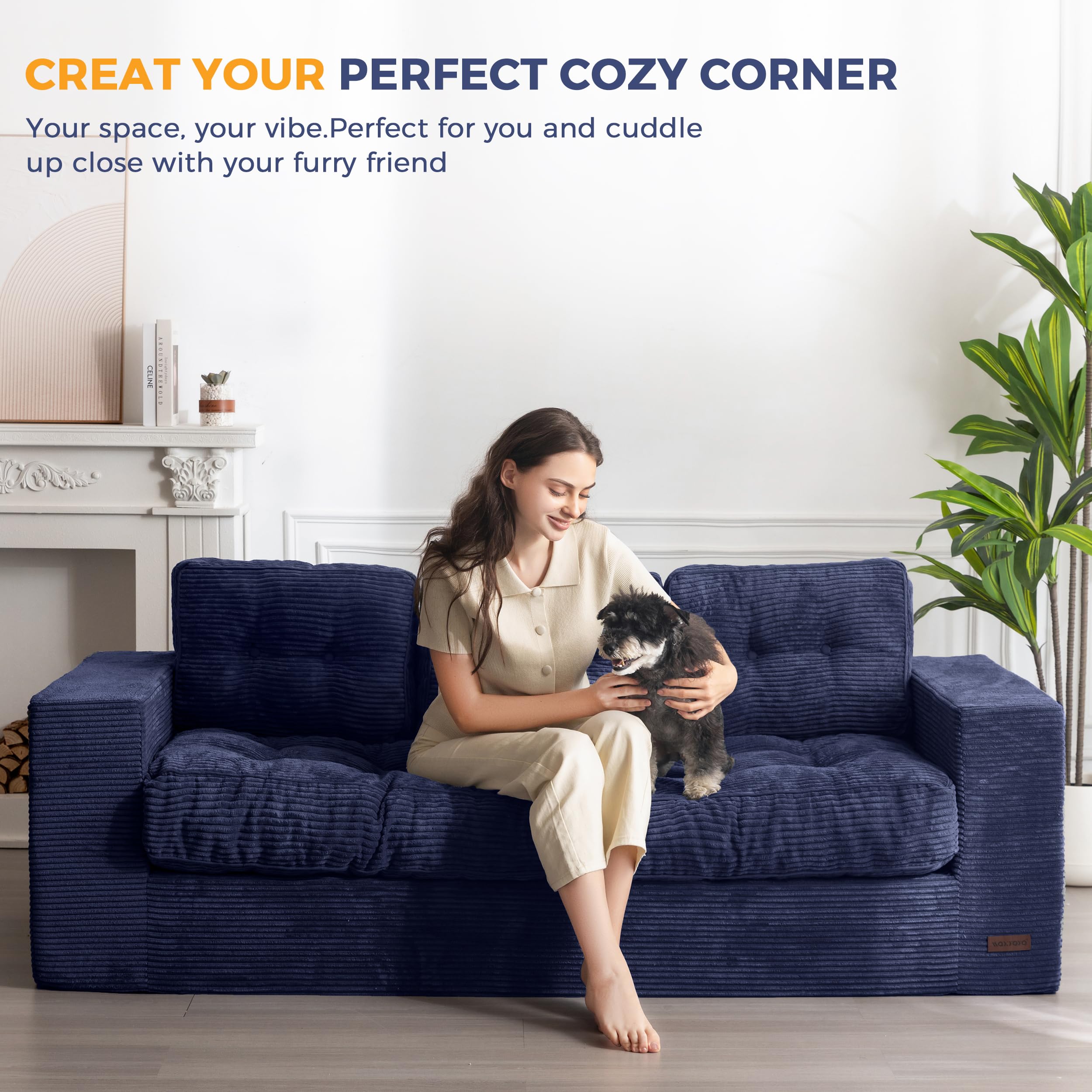3 Seater Couch for Living Room, Boneless Couch with Tufted Cushion & Backrest, Upholstered Floor Sofa with Armrests, Sofa in A Box, No Assembly Required, Navy