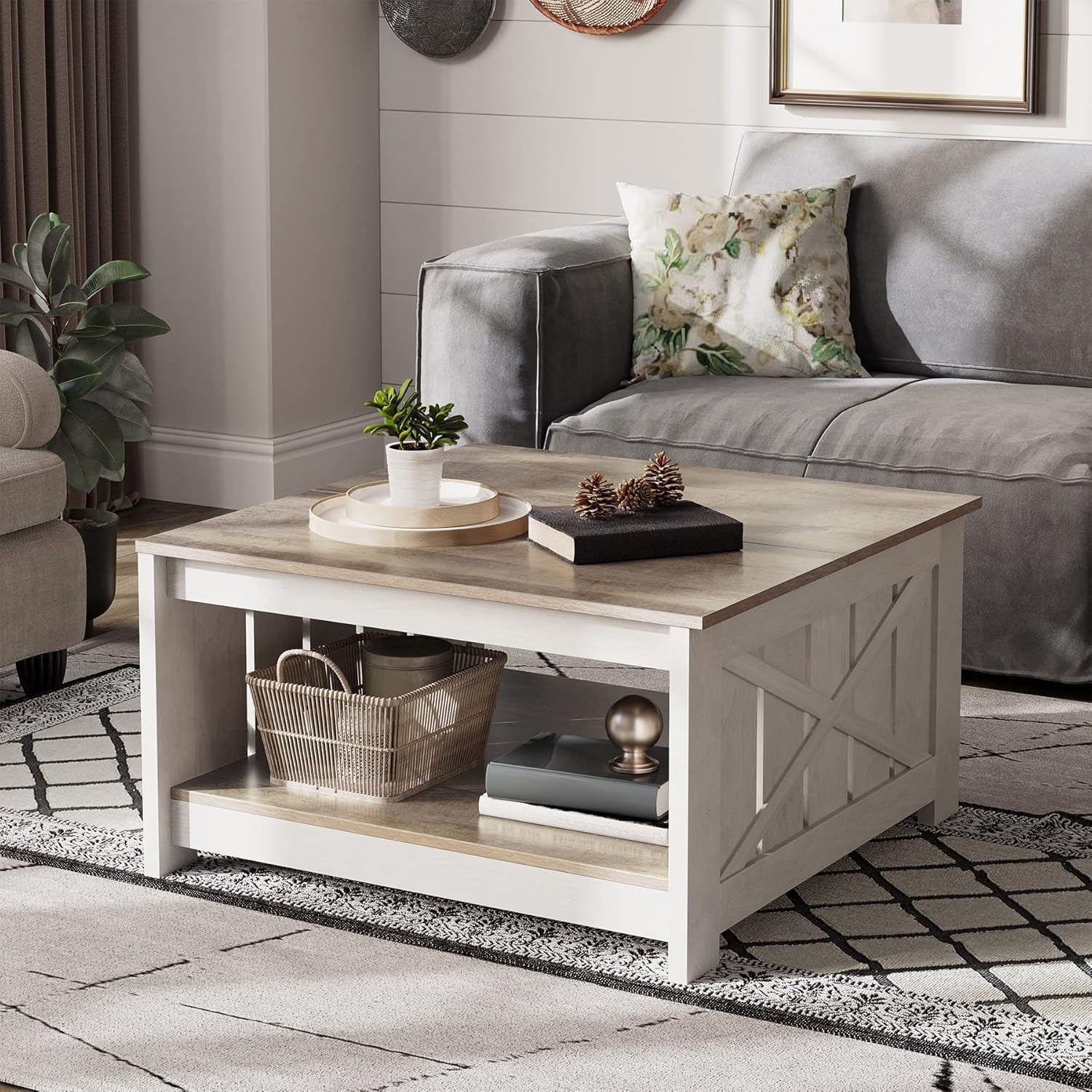 Farmhouse Coffee Table with Storage – Rustic Grey Wood Square Cocktail Table for Living Room, Half Open Compartment Design