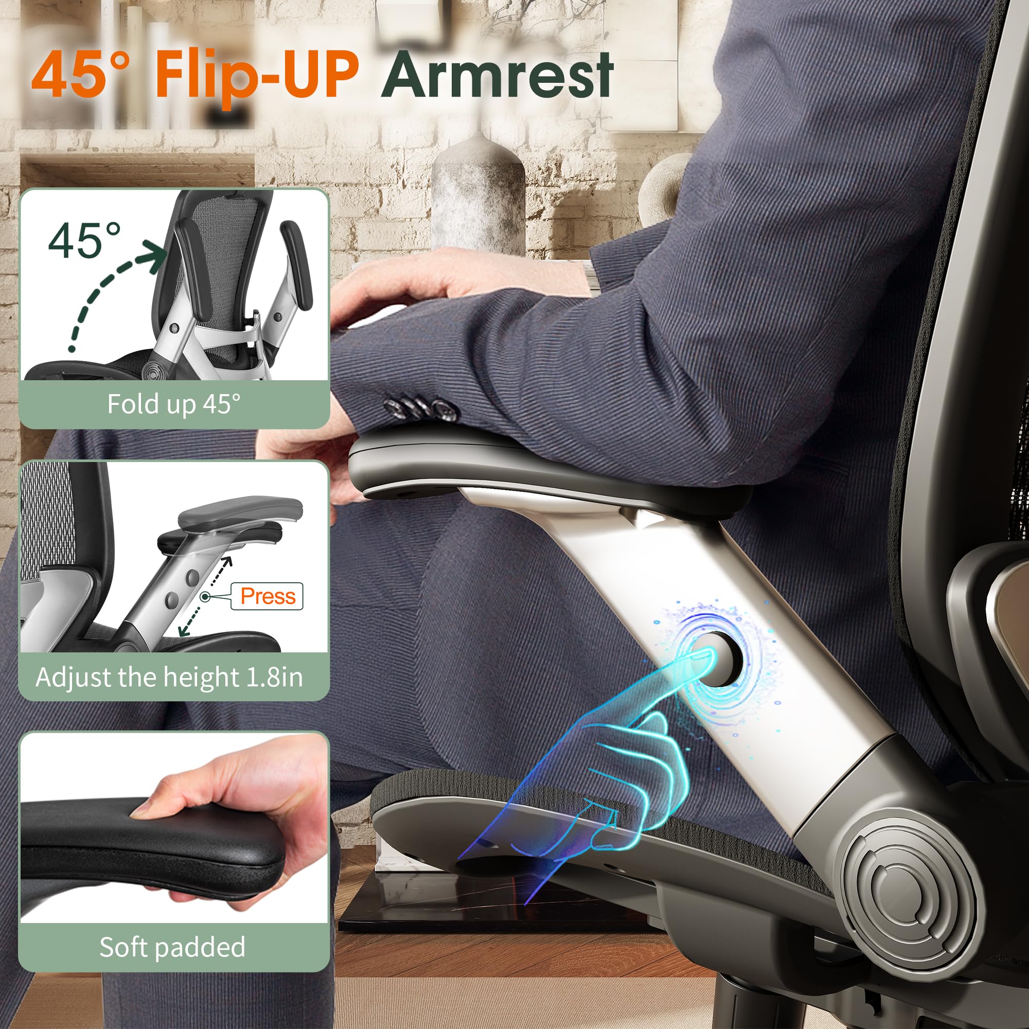 Ergonomic Office Chair, High Back Desk Chair with Headrest, Flip-Up Arms, Tilt Lock, Wide Cushion, Big & Tall Mesh Task Chair, Black