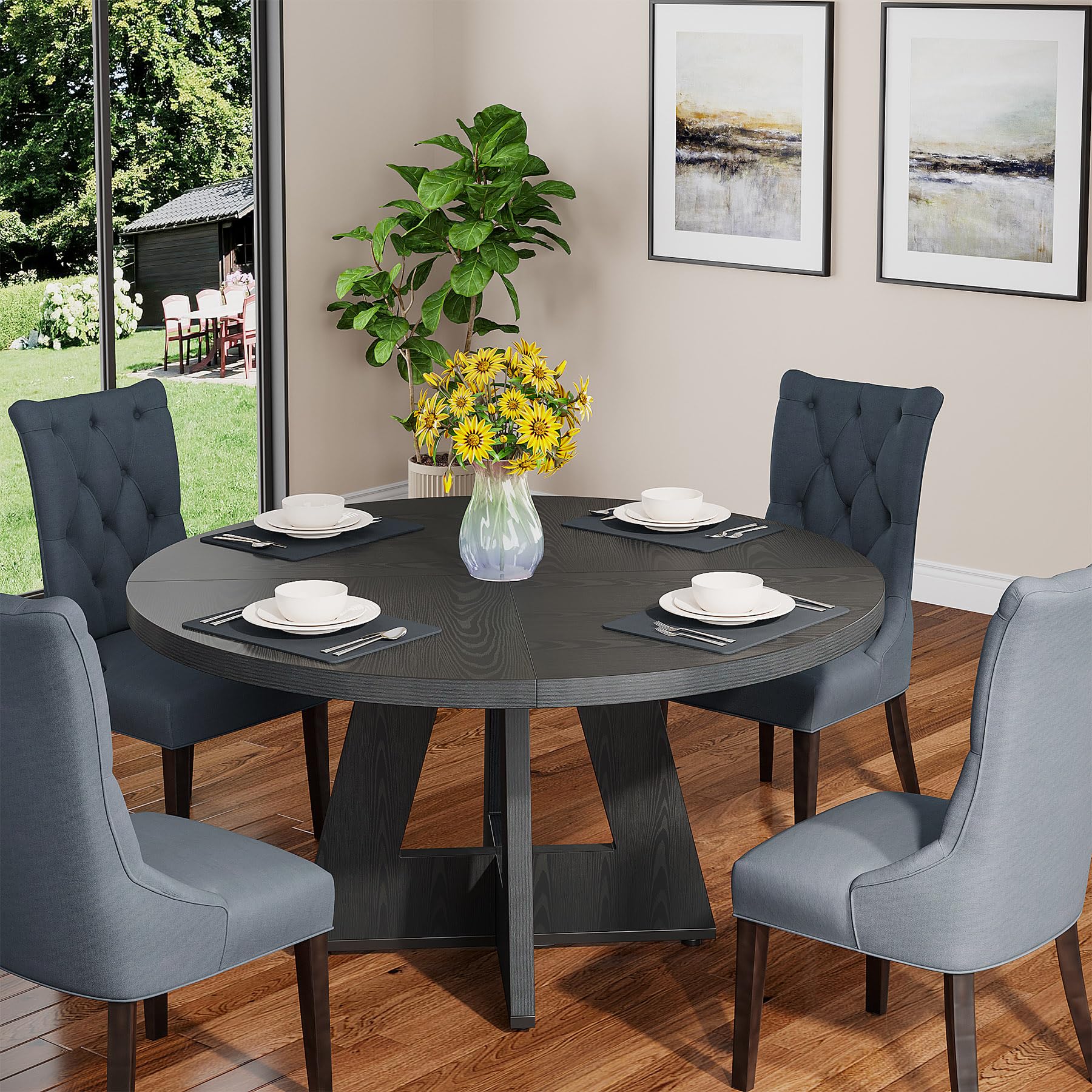 Round Dining Table Wood Kitchen Table for Dining Room, 47 in Dinning Room Tables for 4 Man, Farmhouse Dinner Table with Wooden Tabletop